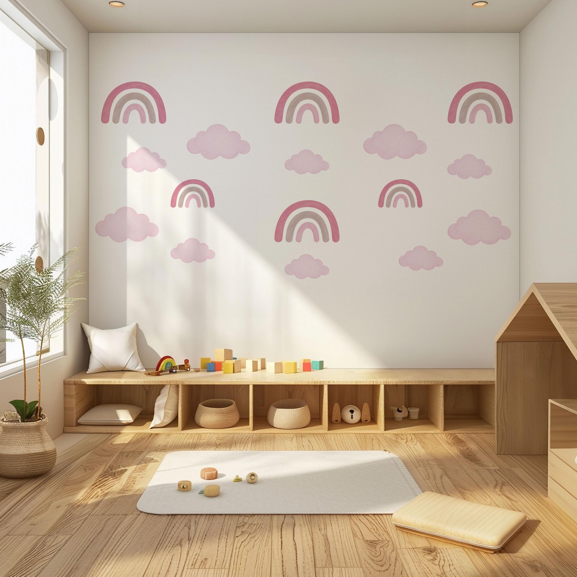 Rainbow Wall Stickers, Girls Nursery Decor, Pink Rainbow and Cloud Wall Decals, Baby Girl Kids Bedroom Playroom Peel and Stick Wall Art