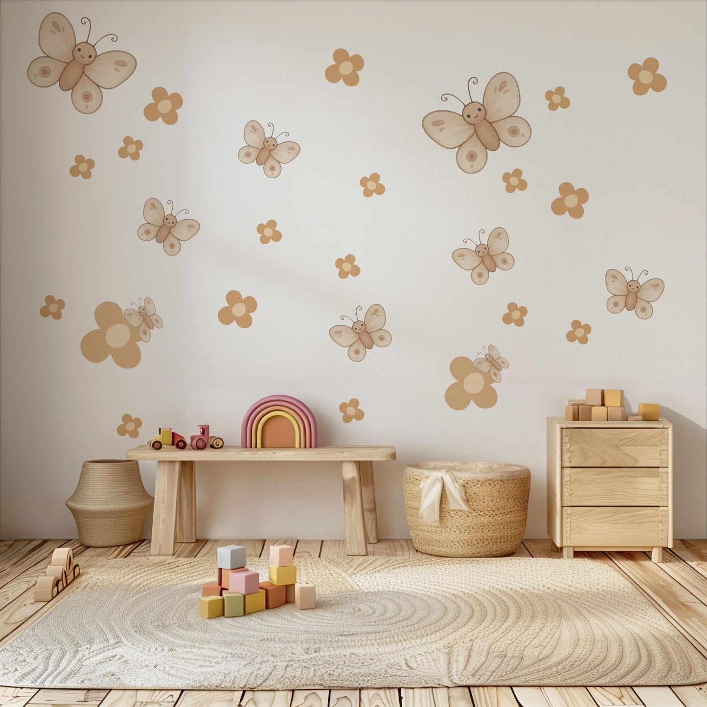 Butterfly Wall Stickers, Boho Nursery Decor, Neutral Daisy Flower Wall Decals, Kids Room Baby Girl Nursery Peel and Stick Wall Art