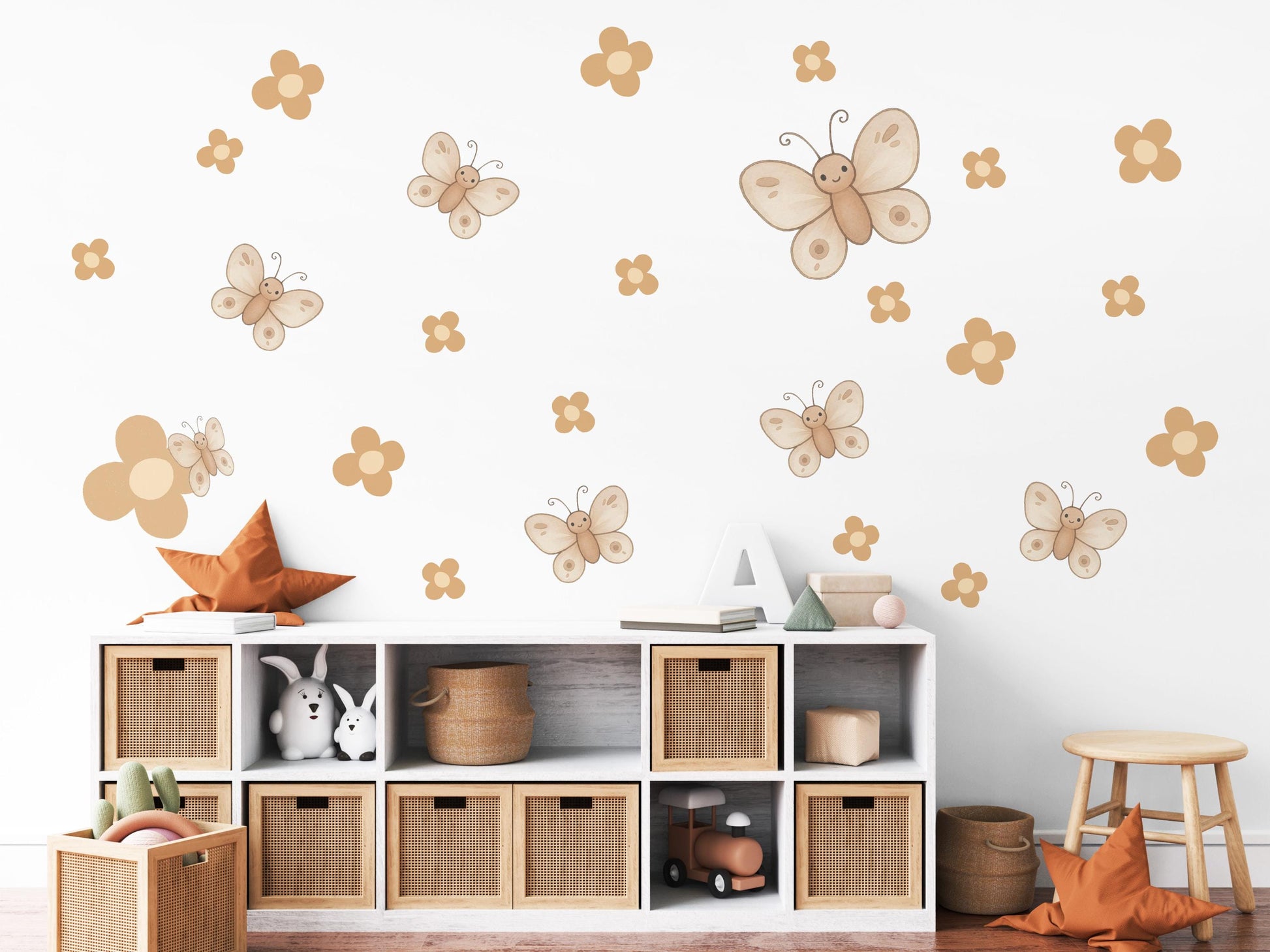 Butterfly Wall Stickers, Boho Nursery Decor, Neutral Daisy Flower Wall Decals, Kids Room Baby Girl Nursery Peel and Stick Wall Art