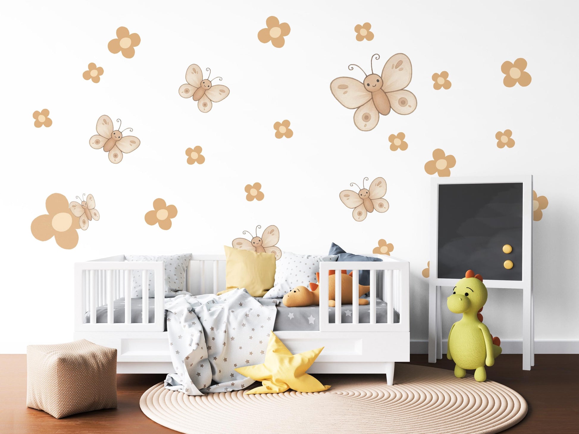 Butterfly Wall Stickers, Boho Nursery Decor, Neutral Daisy Flower Wall Decals, Kids Room Baby Girl Nursery Peel and Stick Wall Art