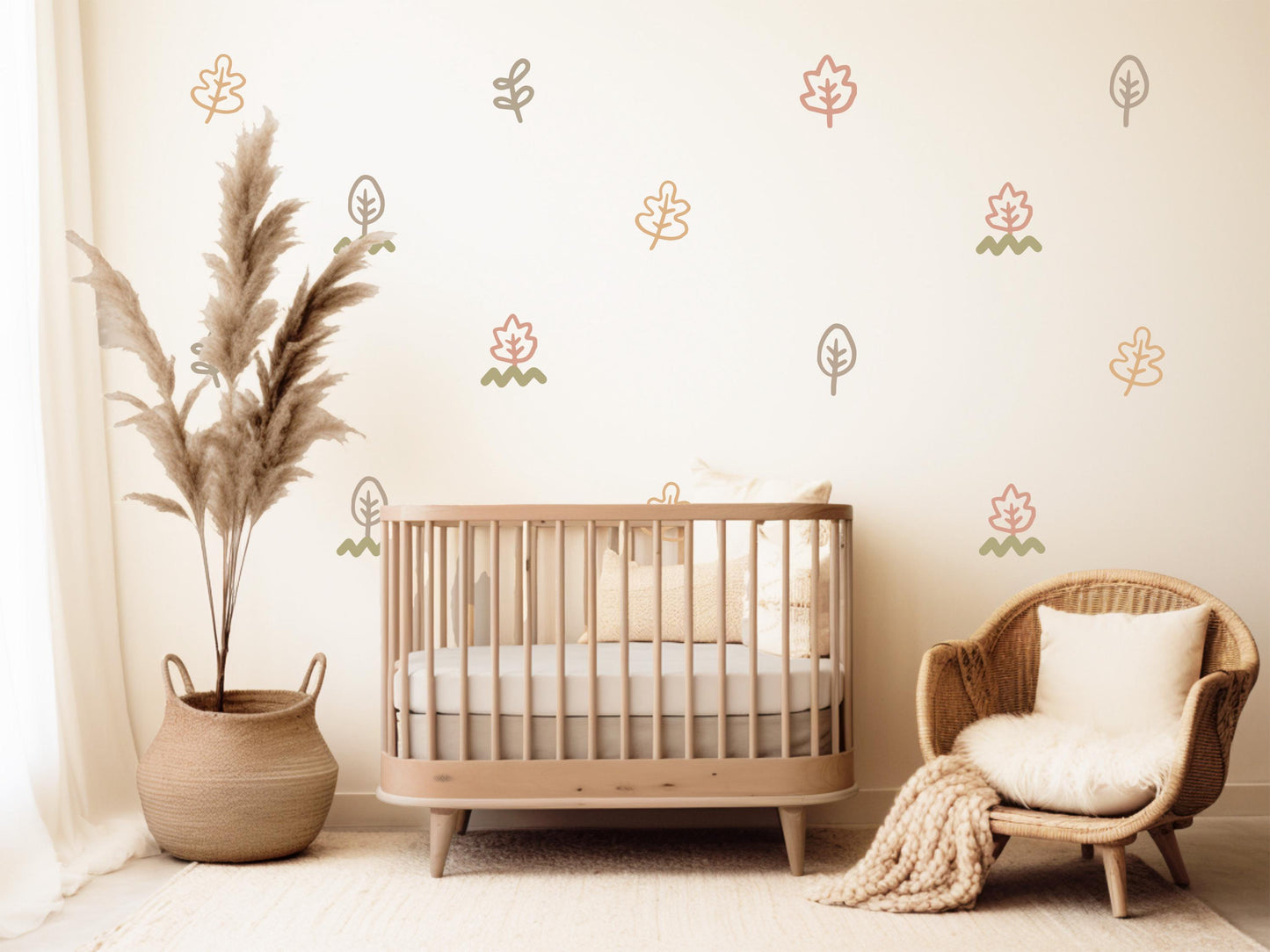 Leaf Wall Stickers, Boho Botanical Nursery Decor, Neutral Scandi Leaf Wall Decals, Kids Room Baby Nursery Peel and Stick Wall Art