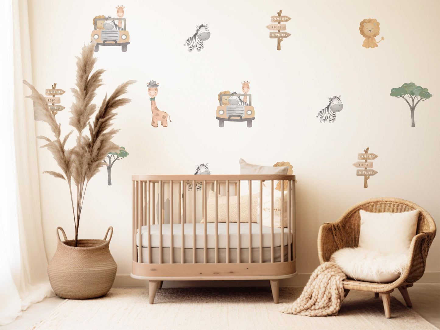 Safari Wall Stickers, Safari Animal Nursery Decor, Jungle Lion Giraffe Zebra Wall Decals, Kids Room Baby Nursery Peel and Stick Wall Art