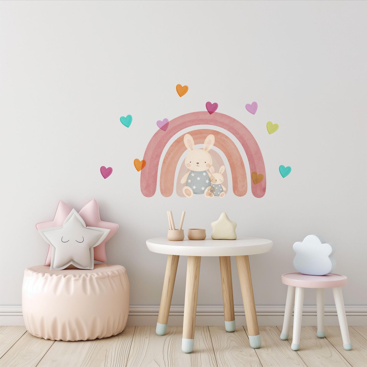 Bunny Wall Stickers, Rainbow Nursery Decor, Boho Rainbow Heart Wall Decals, Girls Room Baby Girl Nursery Peel and Stick Wall Art