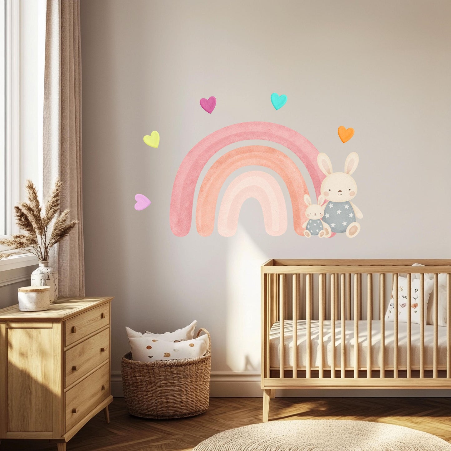 Bunny Wall Stickers, Rainbow Nursery Decor, Boho Rainbow Heart Wall Decals, Girls Room Baby Girl Nursery Peel and Stick Wall Art