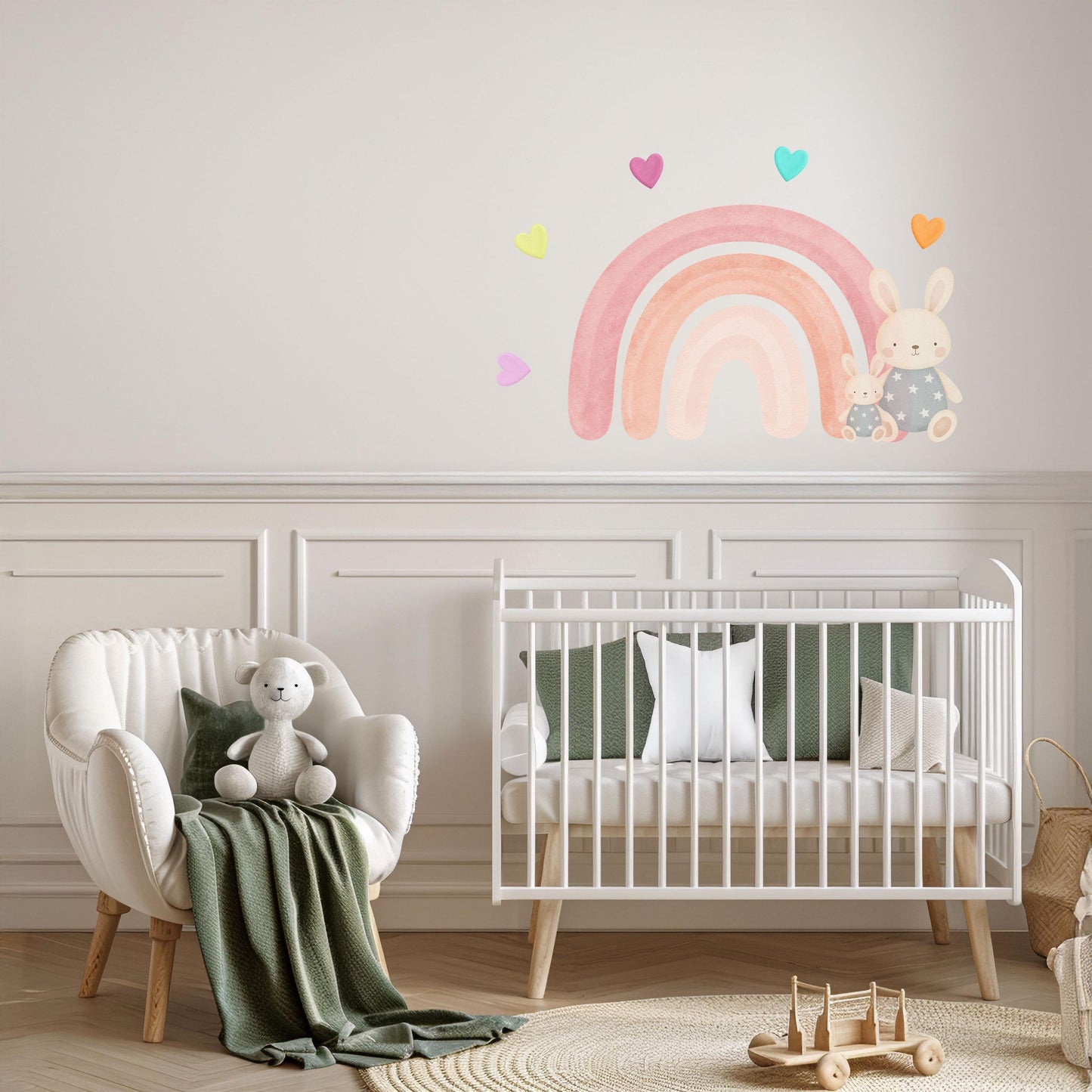 Bunny Wall Stickers, Rainbow Nursery Decor, Boho Rainbow Heart Wall Decals, Girls Room Baby Girl Nursery Peel and Stick Wall Art