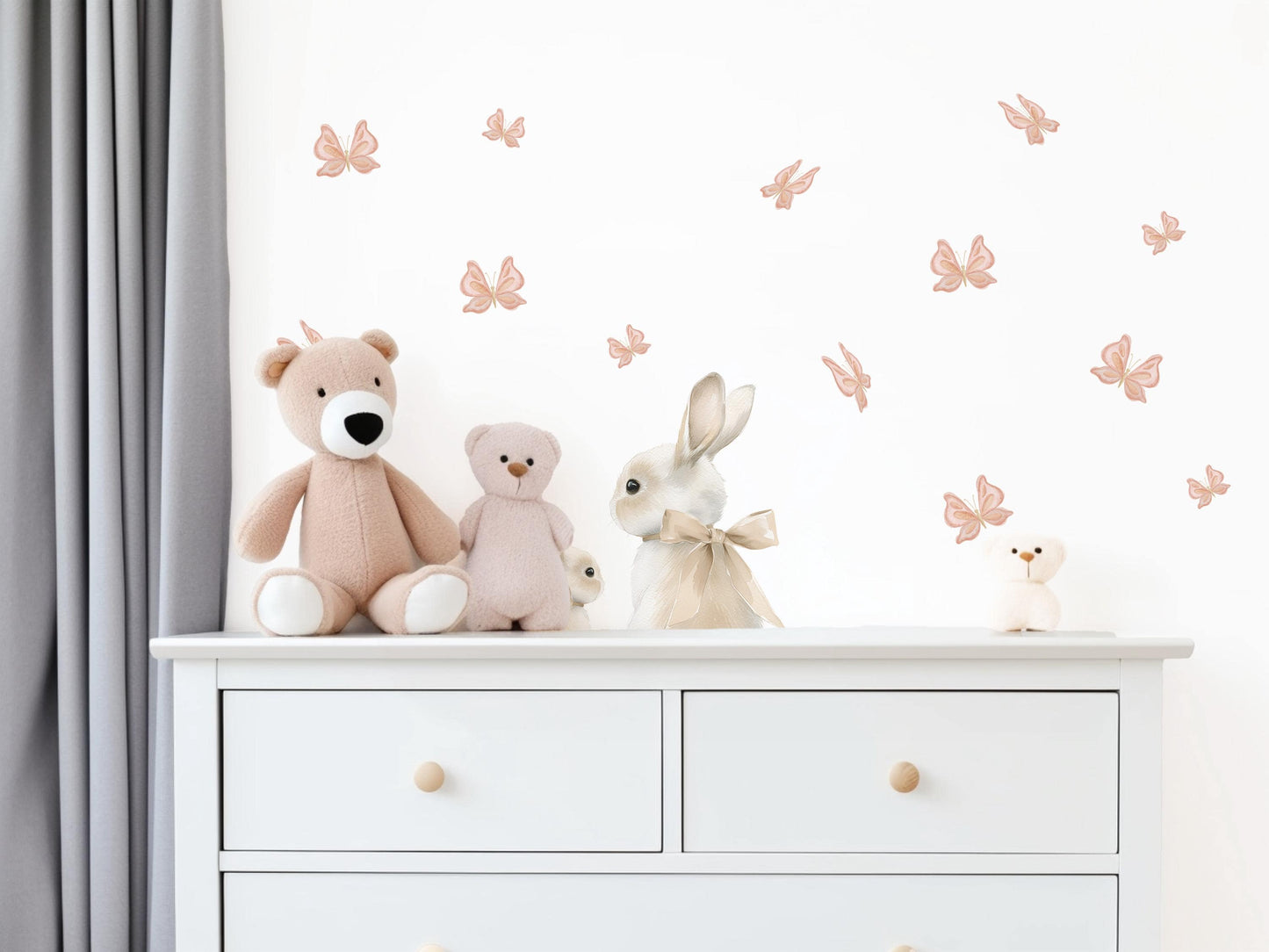 Bunny Wall Stickers, Bunny Nursery Decor, Neutral Butterfly Wall Decals, Boho Girls Room Baby Nursery Peel and Stick Wall Art