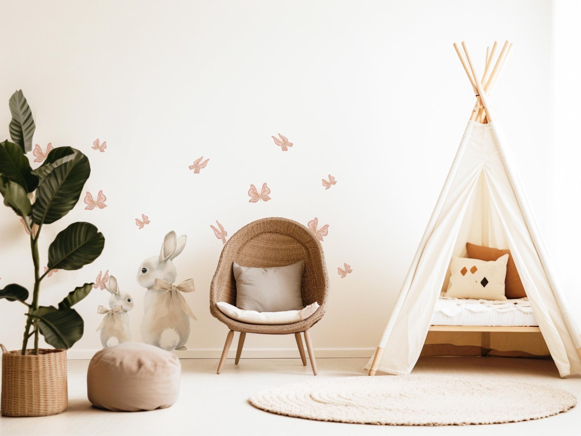 Bunny Wall Stickers, Bunny Nursery Decor, Neutral Butterfly Wall Decals, Boho Girls Room Baby Nursery Peel and Stick Wall Art