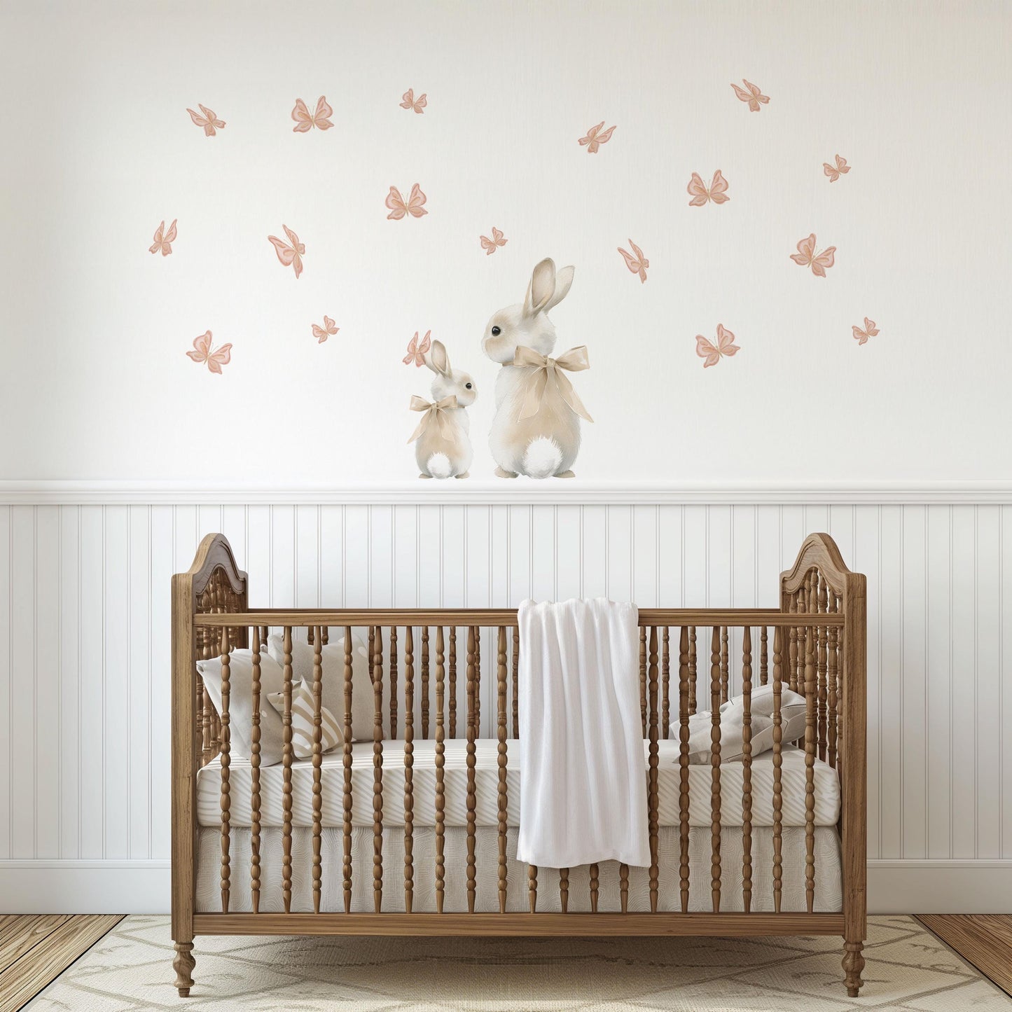 Bunny Wall Stickers, Bunny Nursery Decor, Neutral Butterfly Wall Decals, Boho Girls Room Baby Nursery Peel and Stick Wall Art