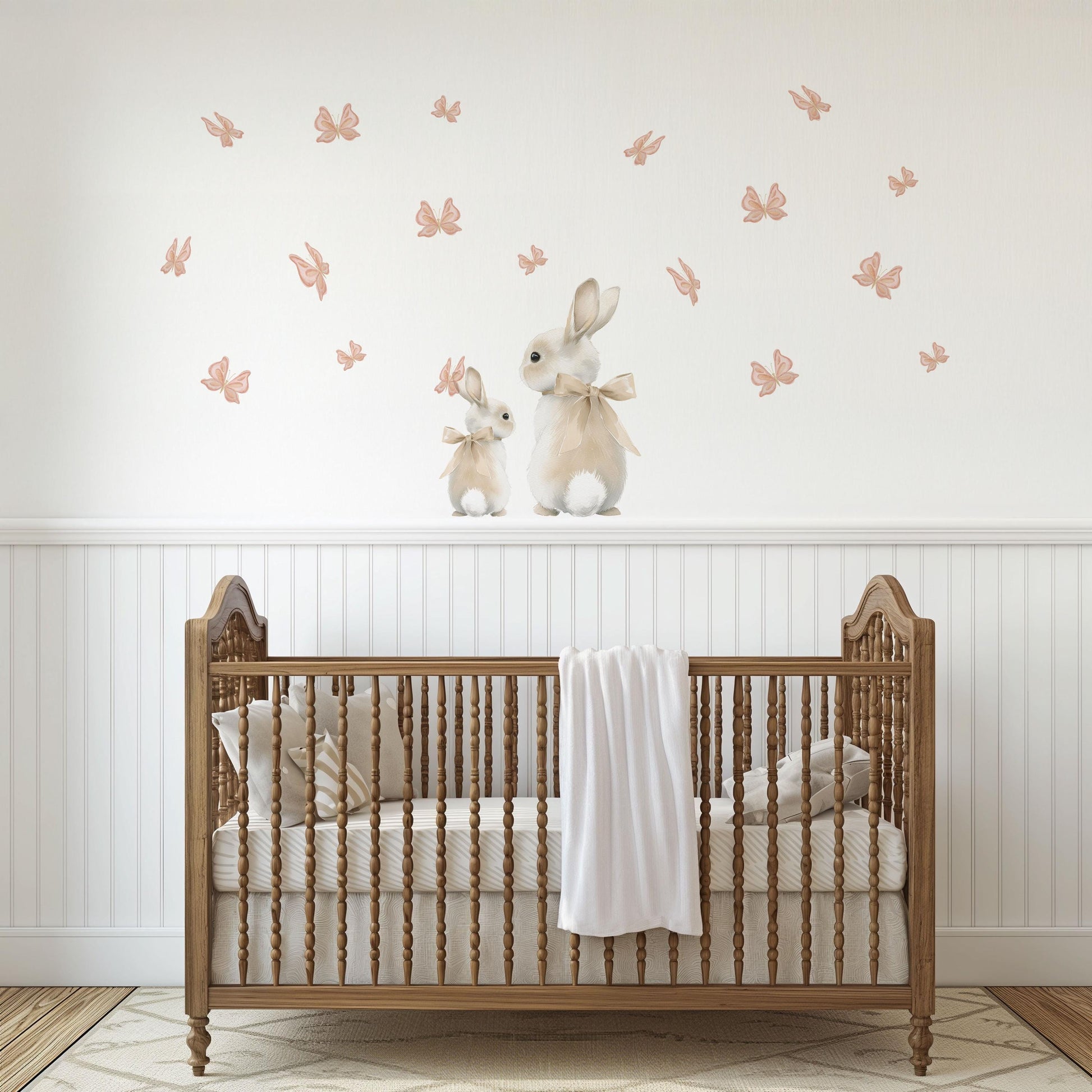 Bunny Wall Stickers, Bunny Nursery Decor, Neutral Butterfly Wall Decals, Boho Girls Room Baby Nursery Peel and Stick Wall Art