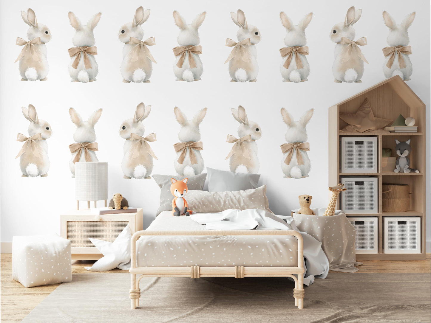 Bunny Wall Stickers, Bunny Nursery Decor, Neutral Woodland Rabbit Wall Decals, Gender Neutral Kids Room Baby Nursery Peel and Stick Art