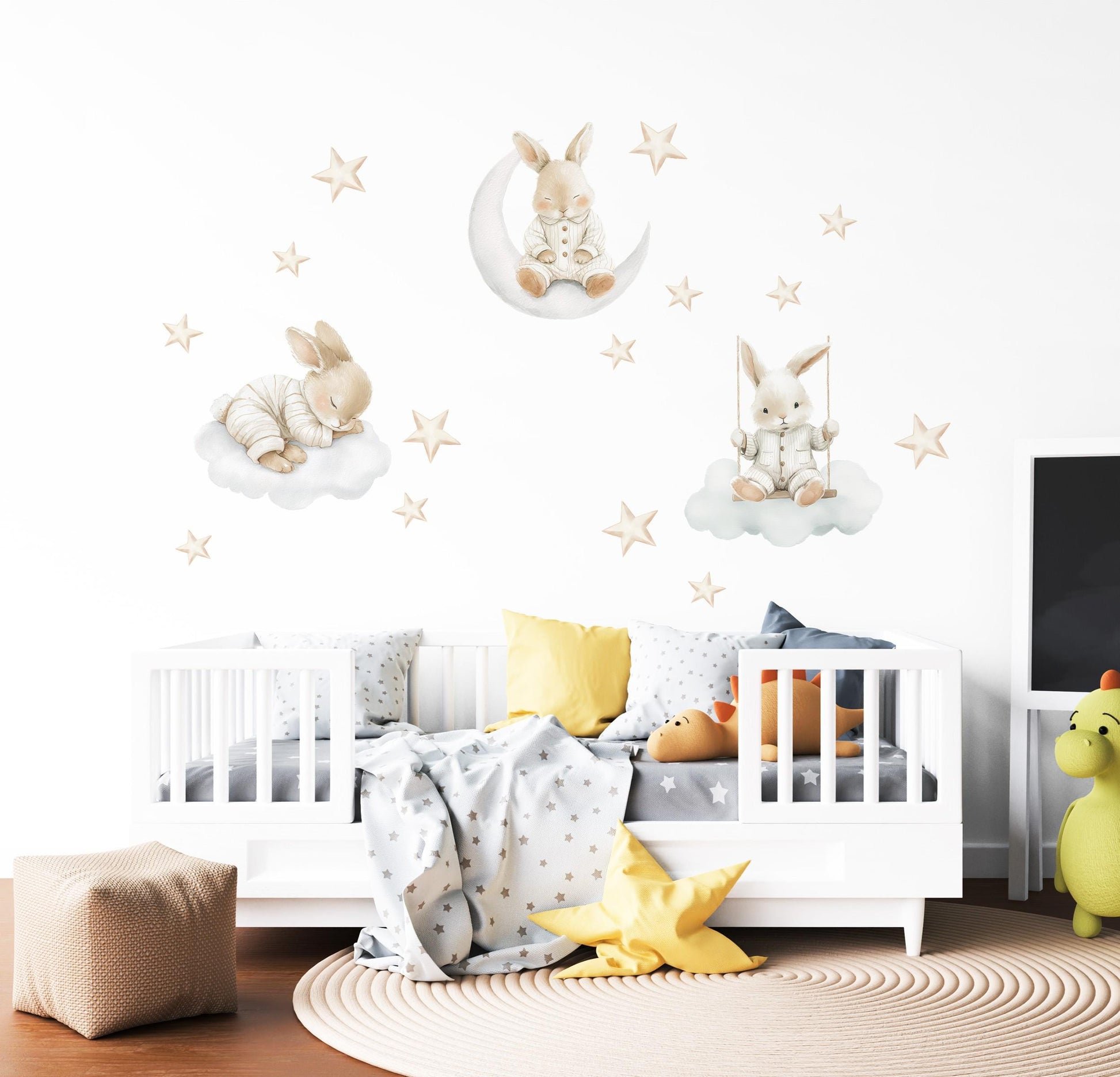 Bunny Wall Stickers, Moon and Stars Nursery Decor, Sleepy Bunny Cloud Star Wall Decals, Neutral Baby Nursery Peel and Stick Wall Art