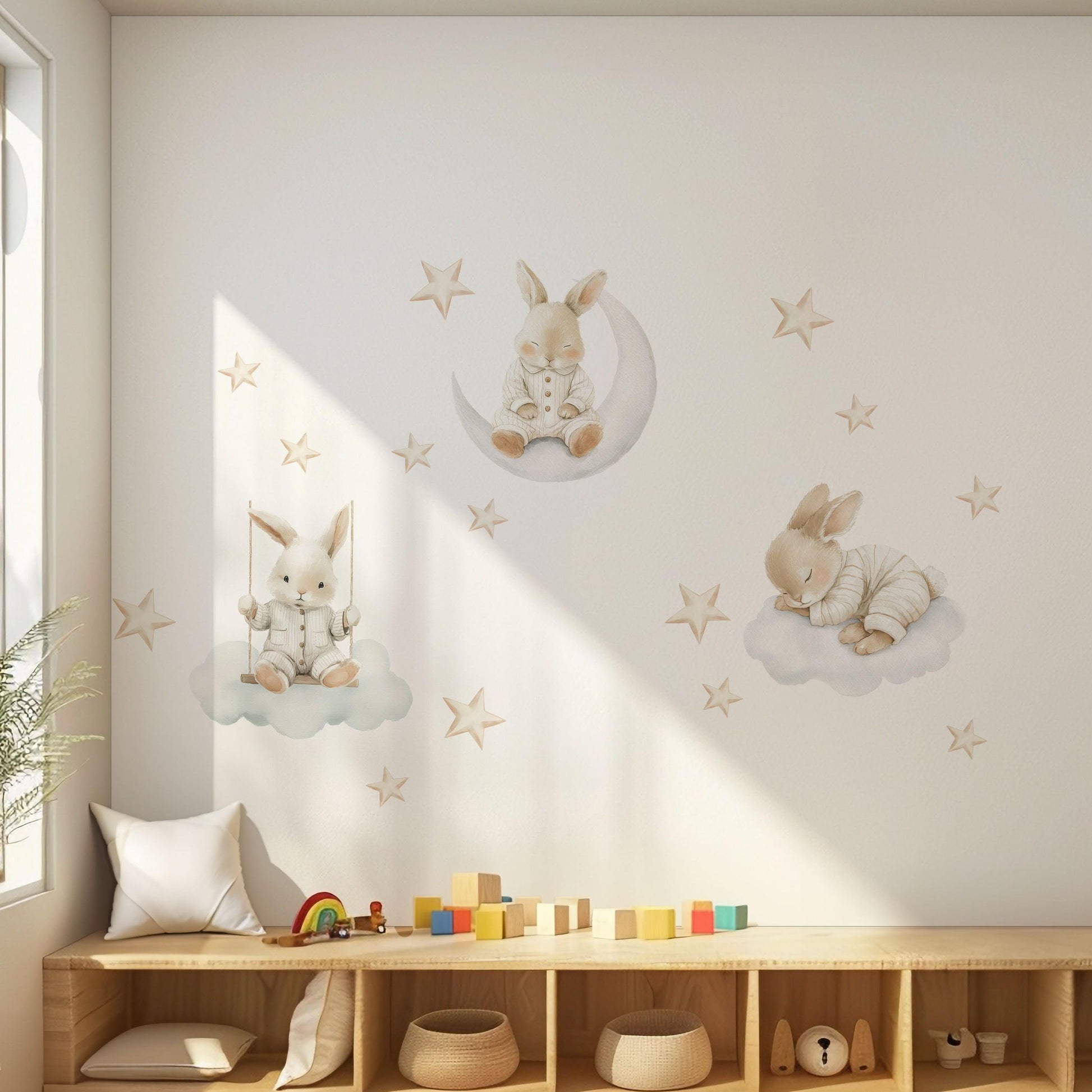 Bunny Wall Stickers, Moon and Stars Nursery Decor, Sleepy Bunny Cloud Star Wall Decals, Neutral Baby Nursery Peel and Stick Wall Art