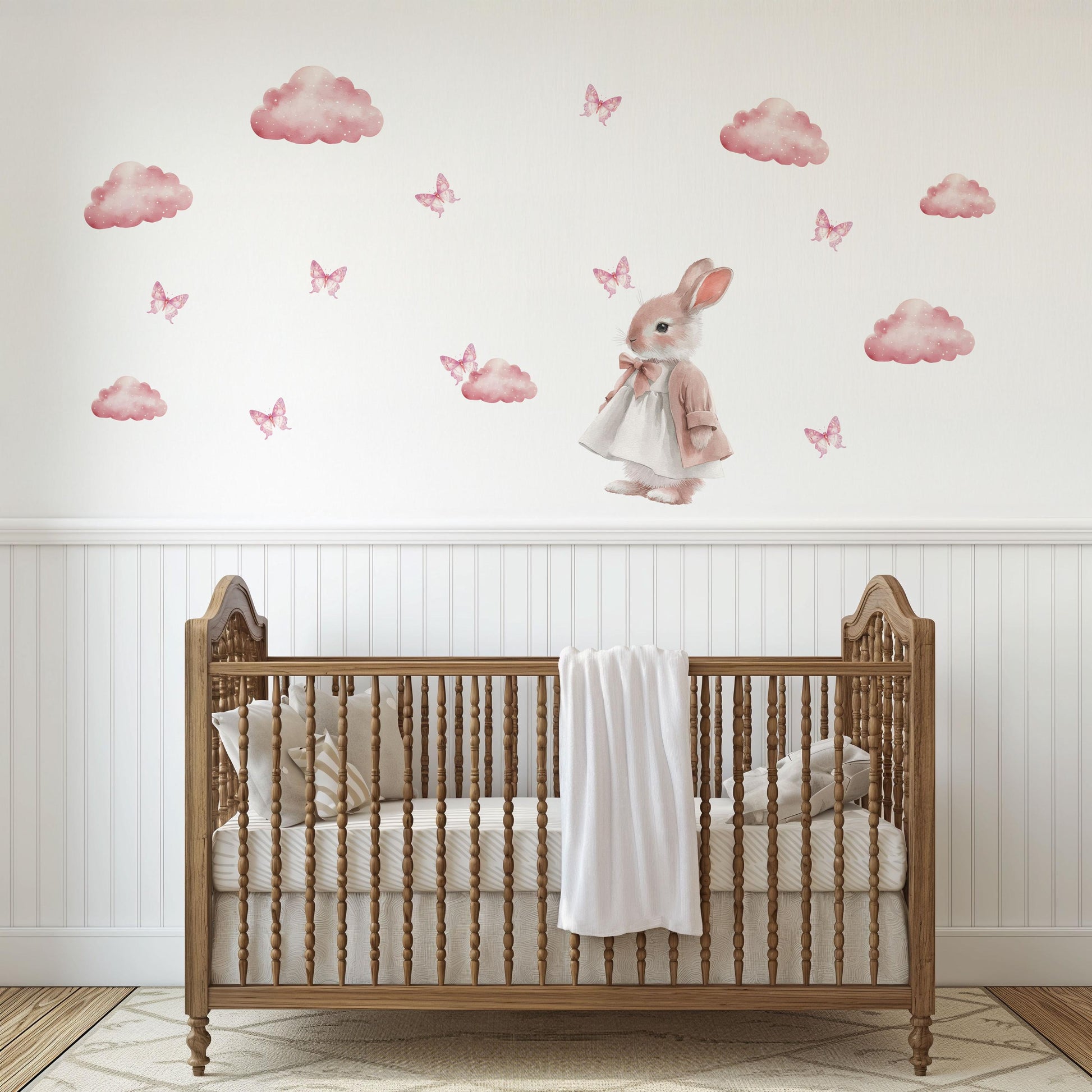 Pink Cloud Wall Stickers, Girls Nursery Decor, Bunny Butterfly Wall Decals, Baby Girl Kids Bedroom Playroom Peel and Stick Wall Art