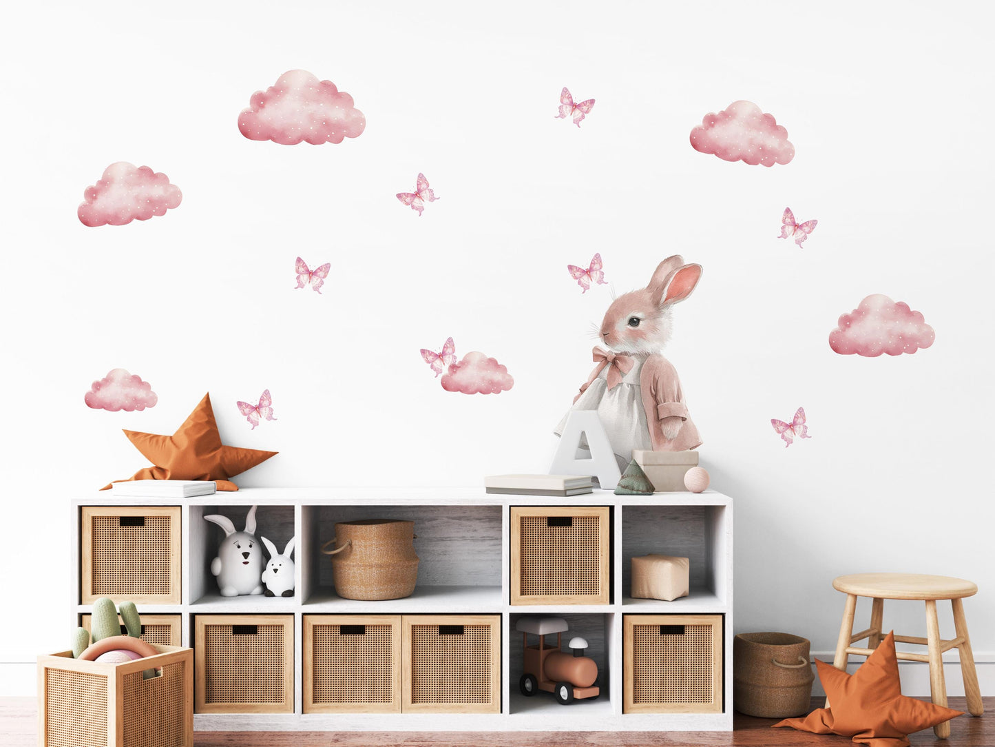 Pink Cloud Wall Stickers, Girls Nursery Decor, Bunny Butterfly Wall Decals, Baby Girl Kids Bedroom Playroom Peel and Stick Wall Art