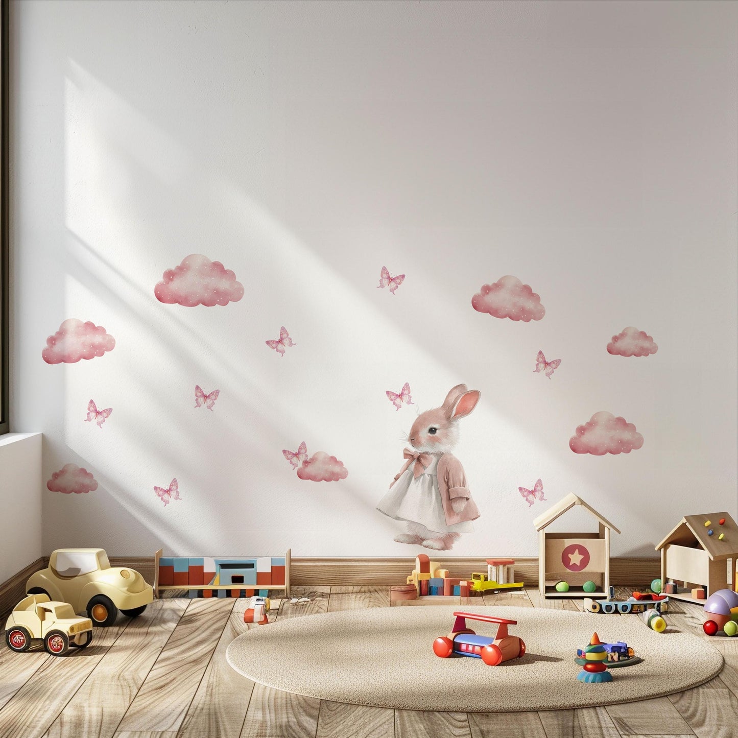 Pink Cloud Wall Stickers, Girls Nursery Decor, Bunny Butterfly Wall Decals, Baby Girl Kids Bedroom Playroom Peel and Stick Wall Art