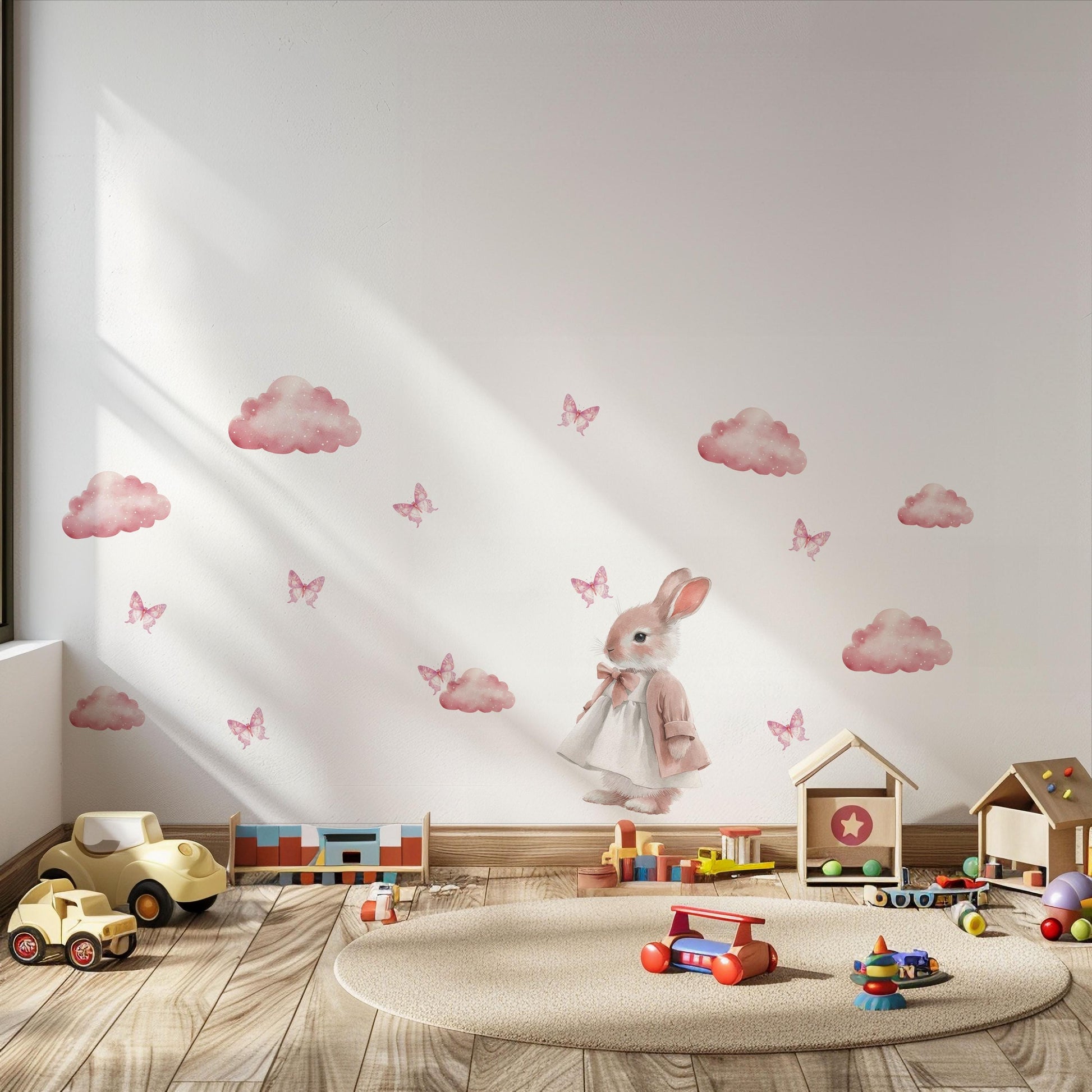 Pink Cloud Wall Stickers, Girls Nursery Decor, Bunny Butterfly Wall Decals, Baby Girl Kids Bedroom Playroom Peel and Stick Wall Art