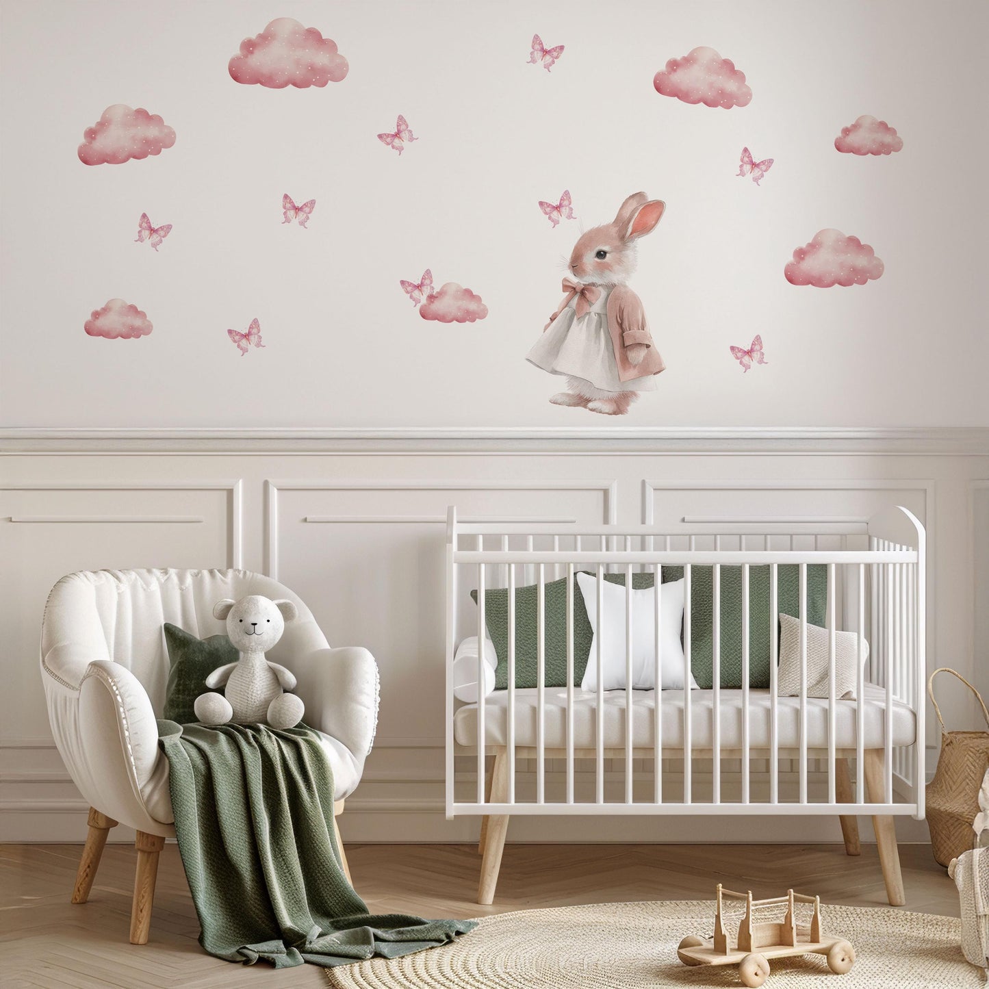 Pink Cloud Wall Stickers, Girls Nursery Decor, Bunny Butterfly Wall Decals, Baby Girl Kids Bedroom Playroom Peel and Stick Wall Art