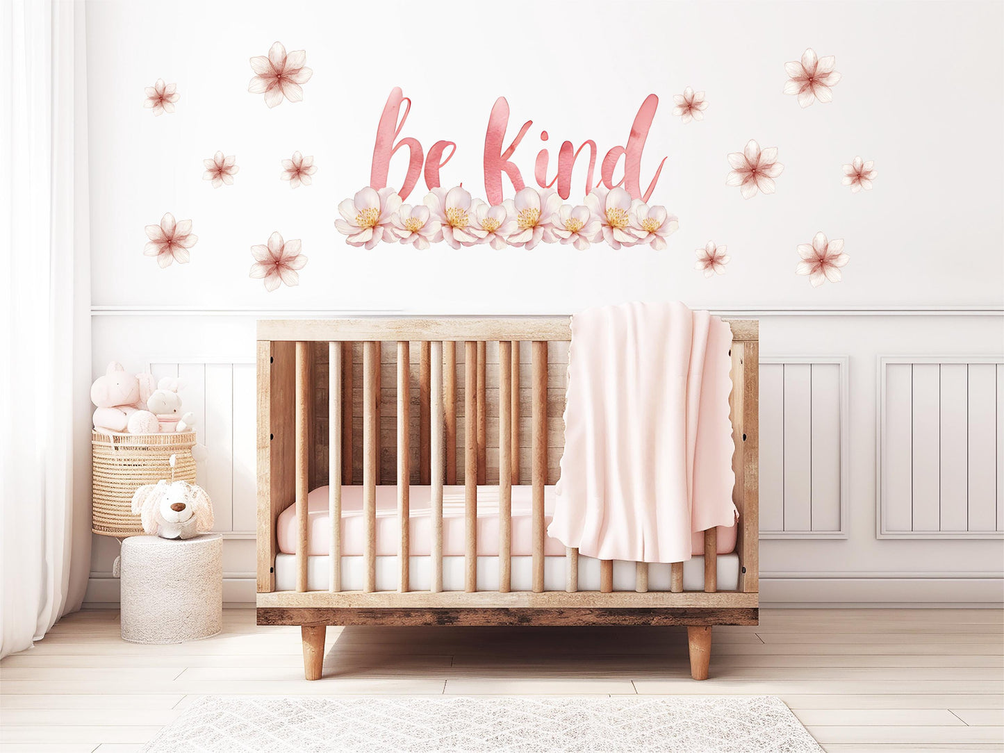 Be Kind Wall Sticker, Inspirational Quote Nursery Decor, Pink Floral Blossom Wall Decals, Girls Room Kids Bedroom Peel and Stick Wall Art