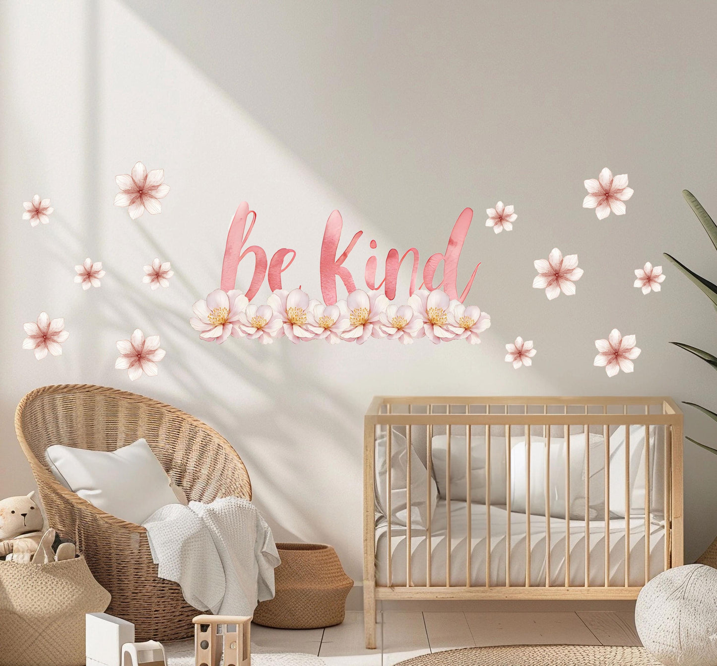 Be Kind Wall Sticker, Inspirational Quote Nursery Decor, Pink Floral Blossom Wall Decals, Girls Room Kids Bedroom Peel and Stick Wall Art