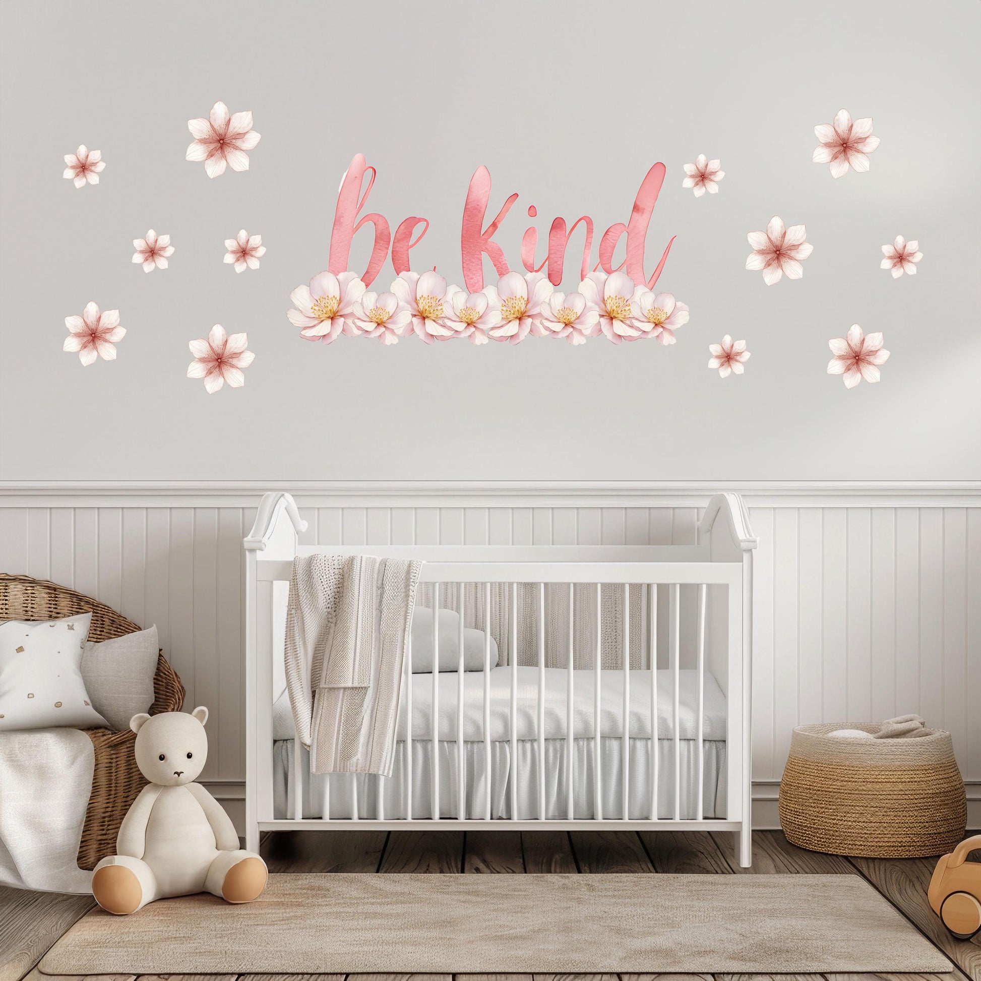 Be Kind Wall Sticker, Inspirational Quote Nursery Decor, Pink Floral Blossom Wall Decals, Girls Room Kids Bedroom Peel and Stick Wall Art