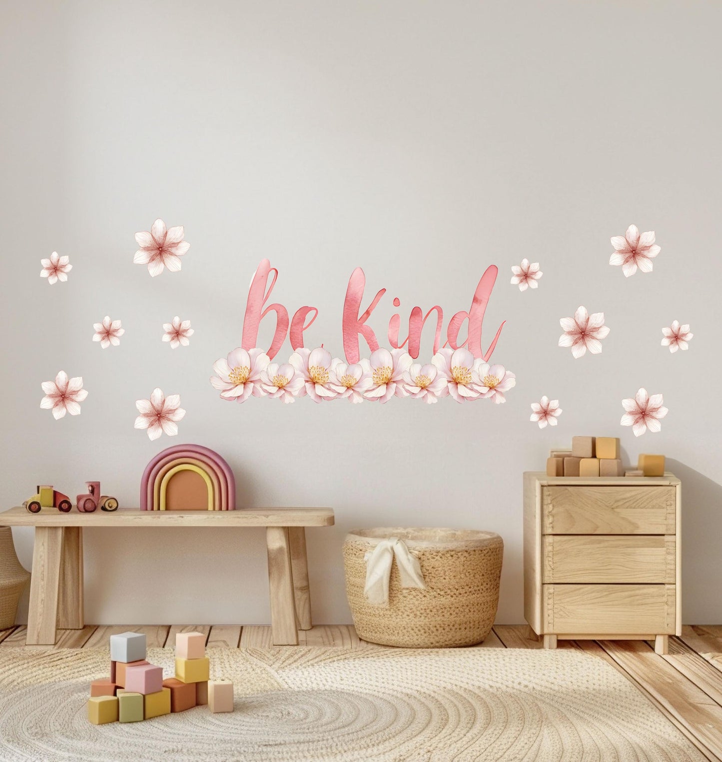 Be Kind Wall Sticker, Inspirational Quote Nursery Decor, Pink Floral Blossom Wall Decals, Girls Room Kids Bedroom Peel and Stick Wall Art