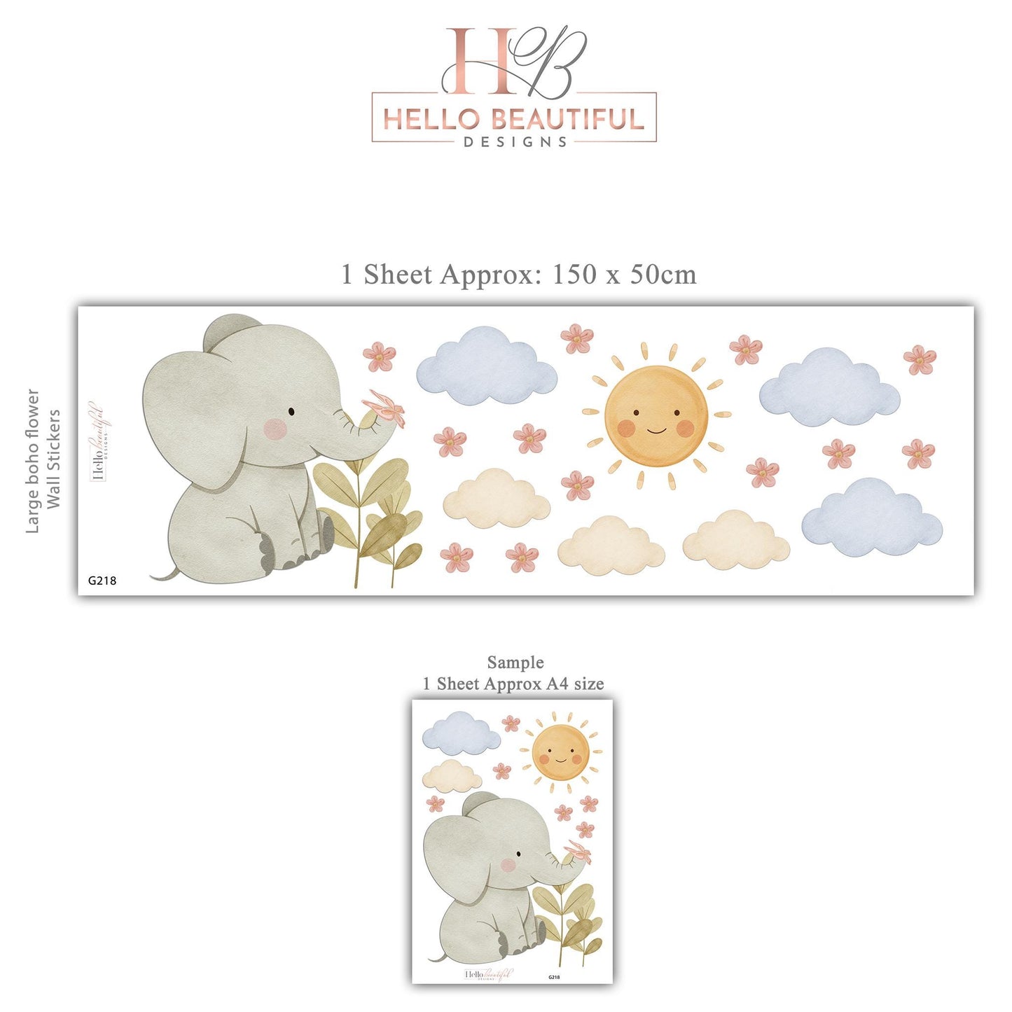 Elephant Wall Stickers, Elephant Nursery Decor, Neutral Baby Elephant Sun Cloud Wall Decals, Gender Neutral Kids Room Peel and Stick Art