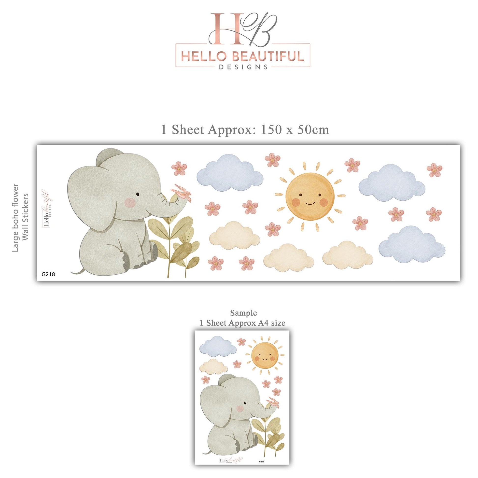 Elephant Wall Stickers, Elephant Nursery Decor, Neutral Baby Elephant Sun Cloud Wall Decals, Gender Neutral Kids Room Peel and Stick Art