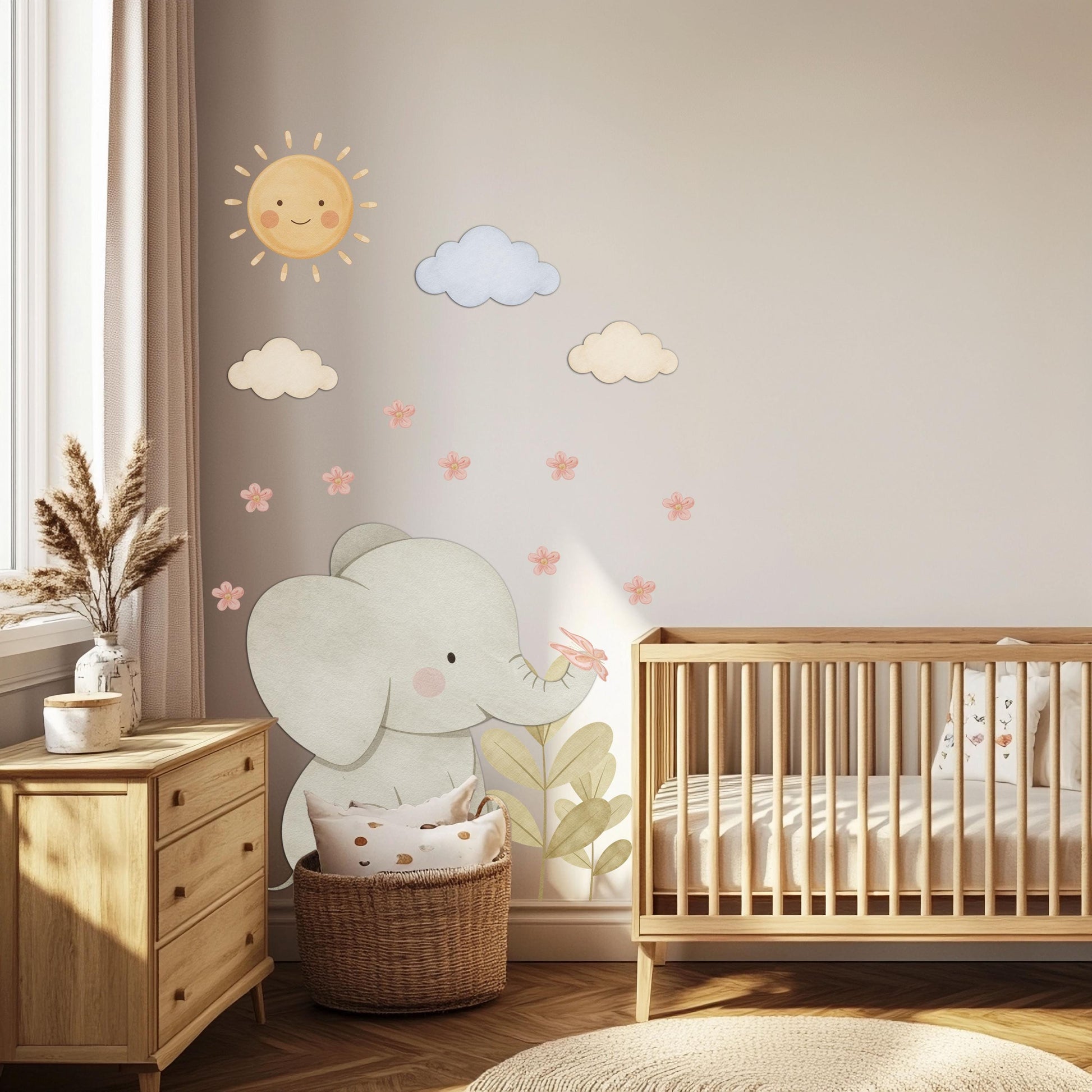 Elephant Wall Stickers, Elephant Nursery Decor, Neutral Baby Elephant Sun Cloud Wall Decals, Gender Neutral Kids Room Peel and Stick Art