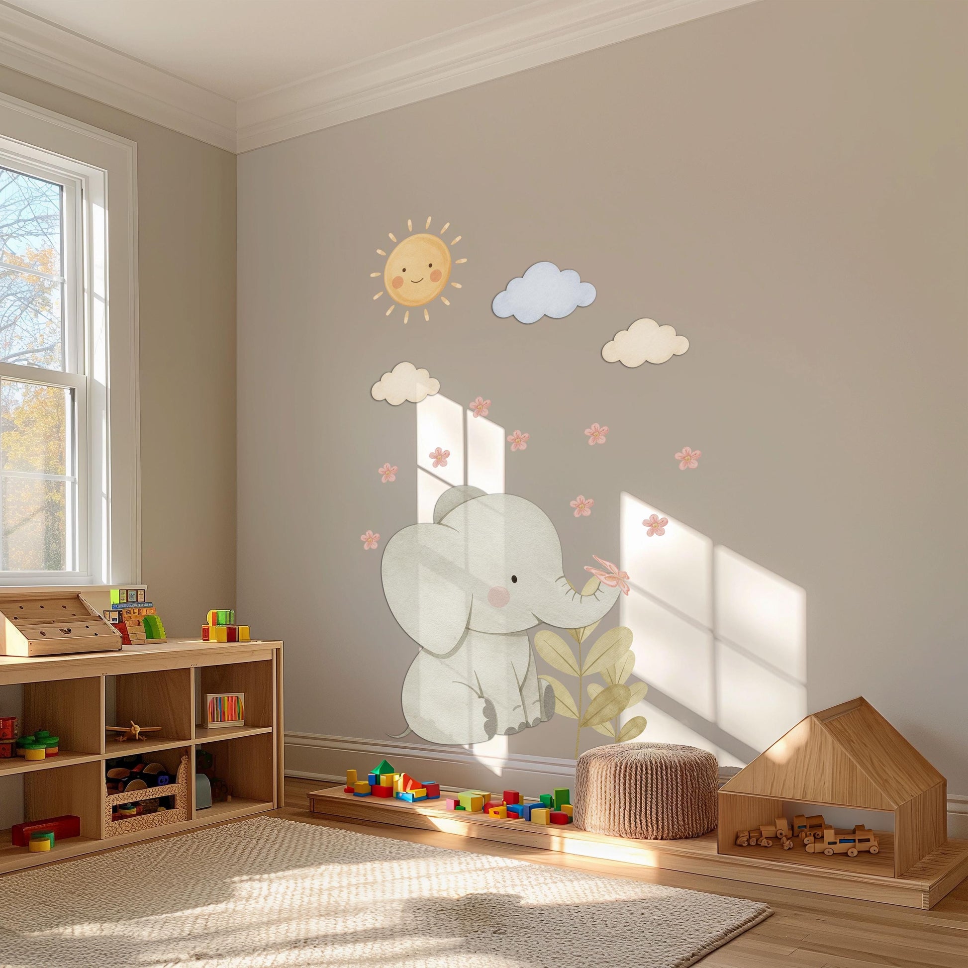 Elephant Wall Stickers, Elephant Nursery Decor, Neutral Baby Elephant Sun Cloud Wall Decals, Gender Neutral Kids Room Peel and Stick Art