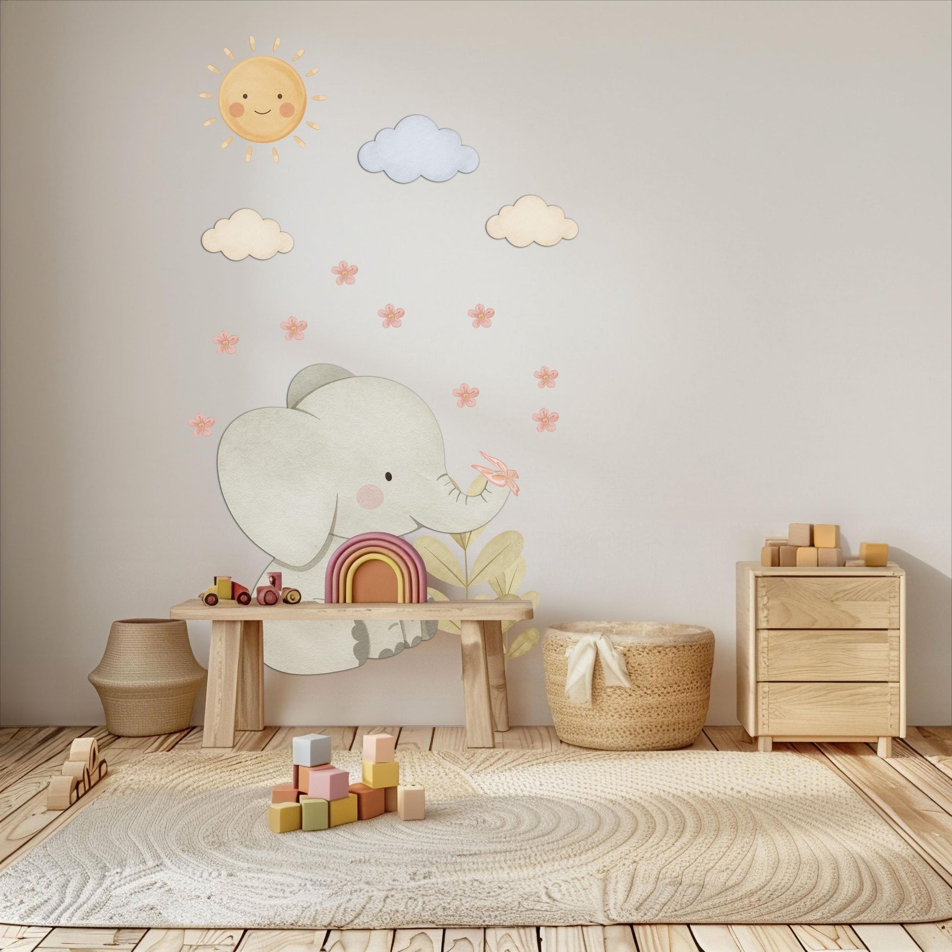 Elephant Wall Stickers, Elephant Nursery Decor, Neutral Baby Elephant Sun Cloud Wall Decals, Gender Neutral Kids Room Peel and Stick Art