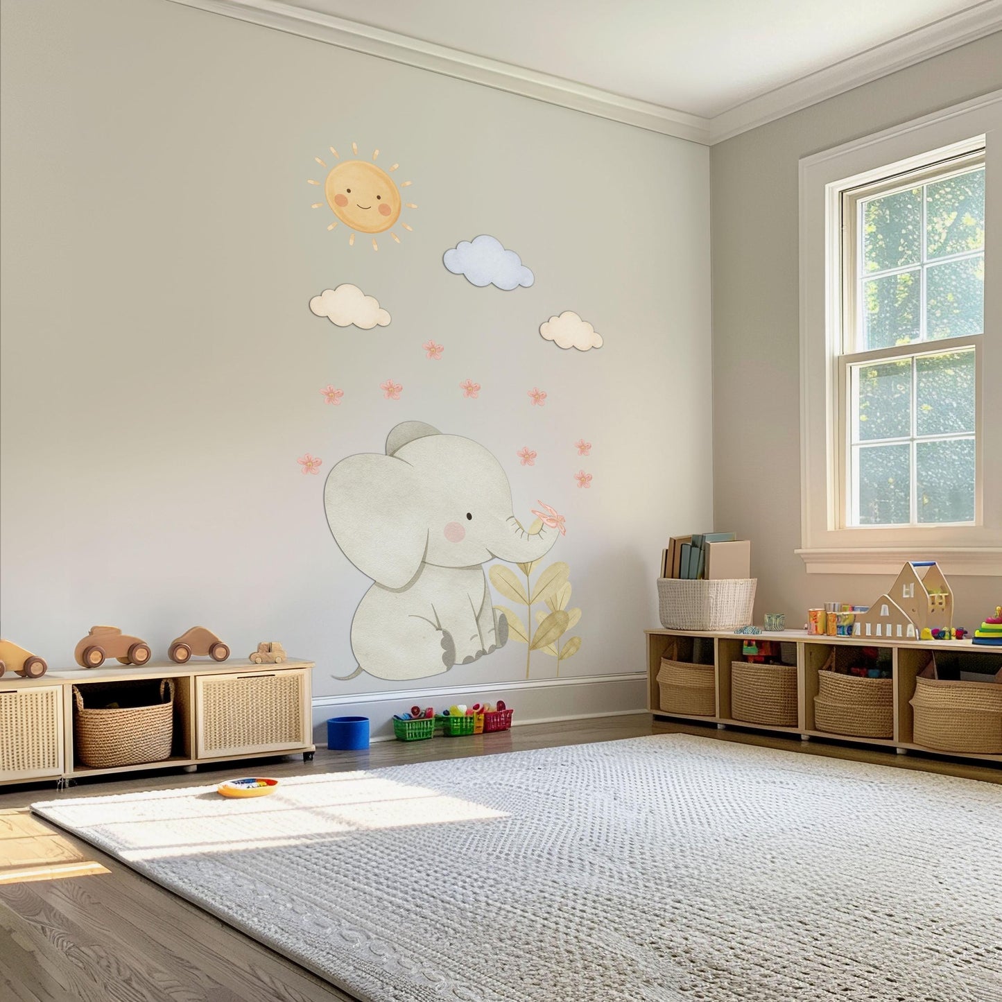 Elephant Wall Stickers, Elephant Nursery Decor, Neutral Baby Elephant Sun Cloud Wall Decals, Gender Neutral Kids Room Peel and Stick Art