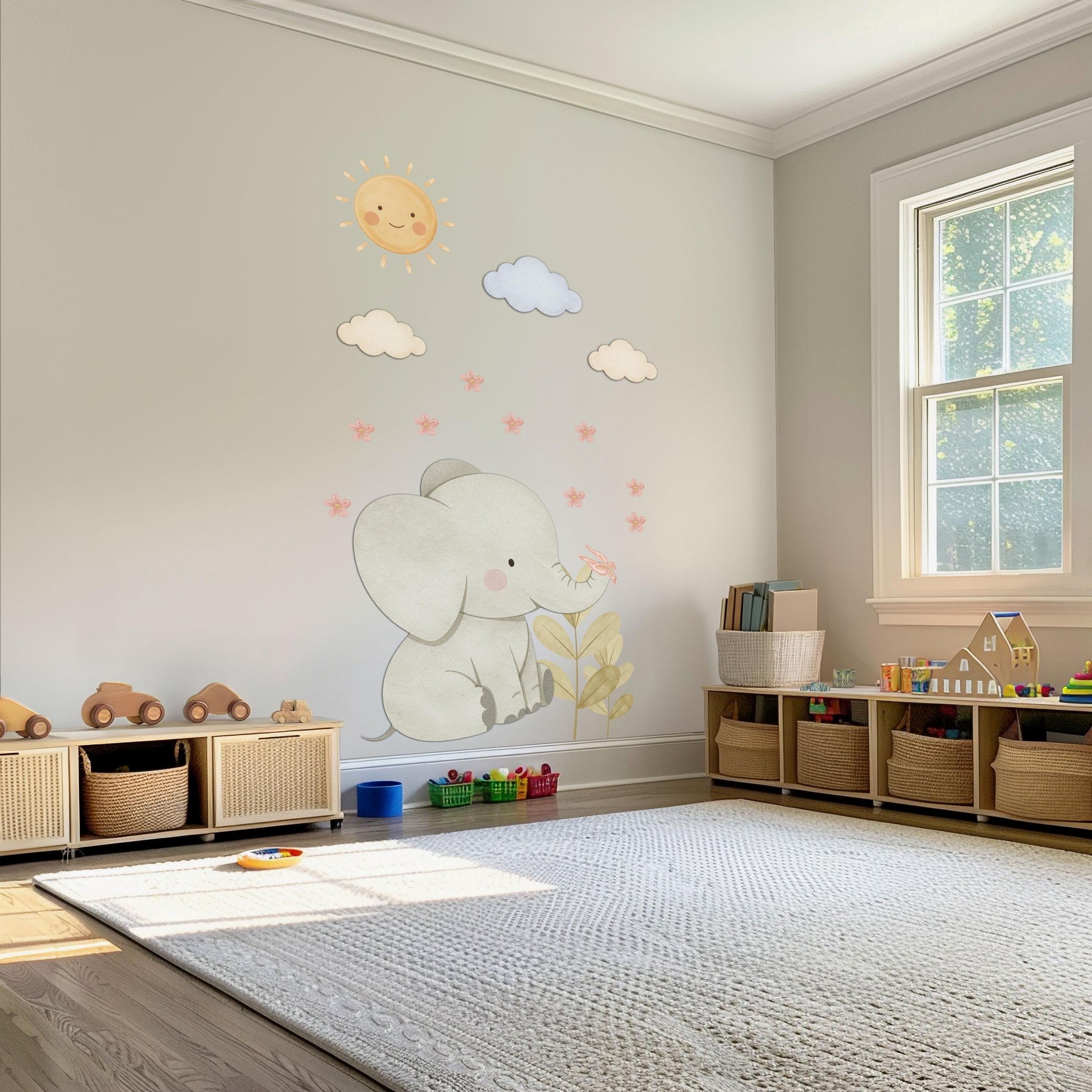 Elephant Wall Stickers, Elephant Nursery Decor, Neutral Baby Elephant Sun Cloud Wall Decals, Gender Neutral Kids Room Peel and Stick Art