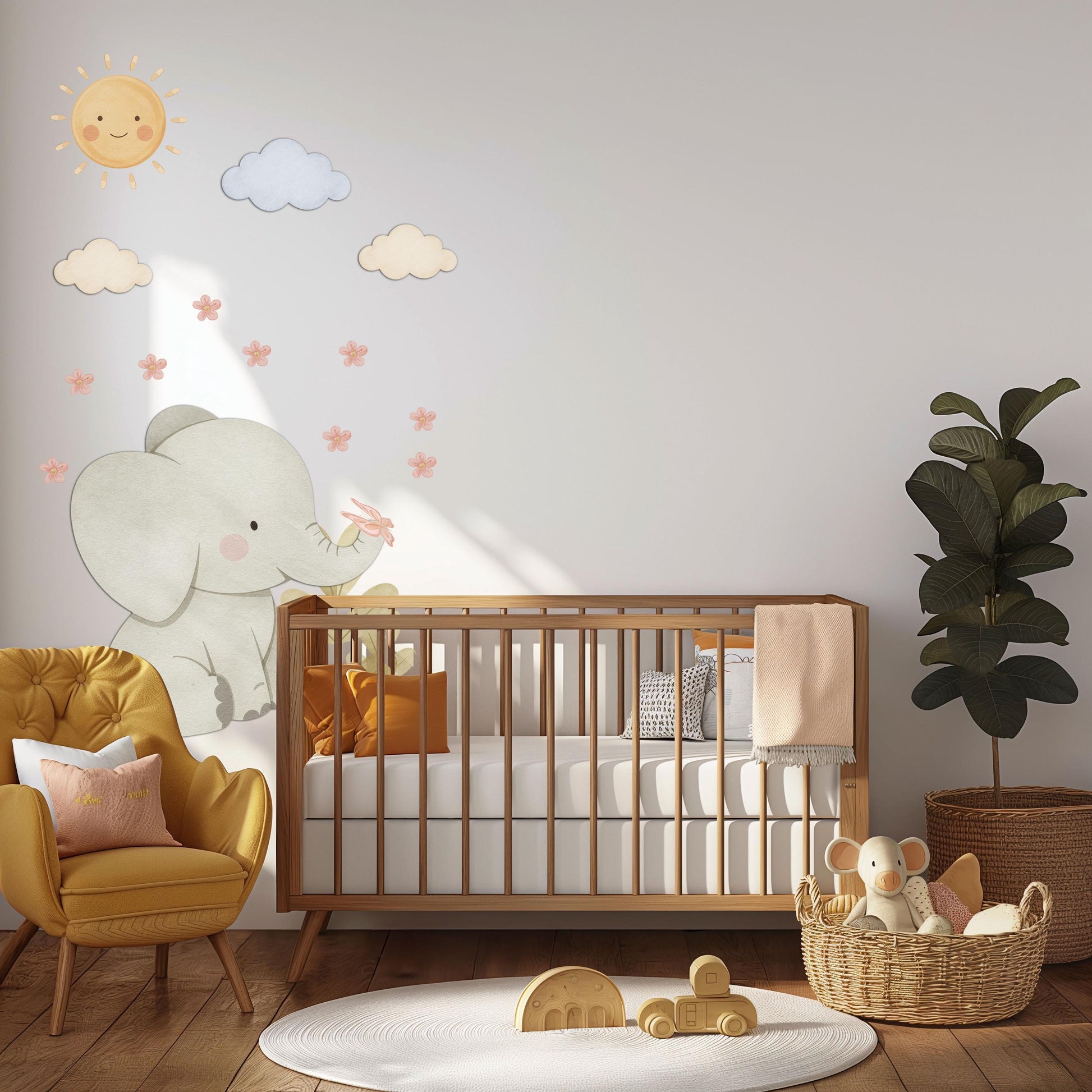 Elephant Wall Stickers, Elephant Nursery Decor, Neutral Baby Elephant Sun Cloud Wall Decals, Gender Neutral Kids Room Peel and Stick Art