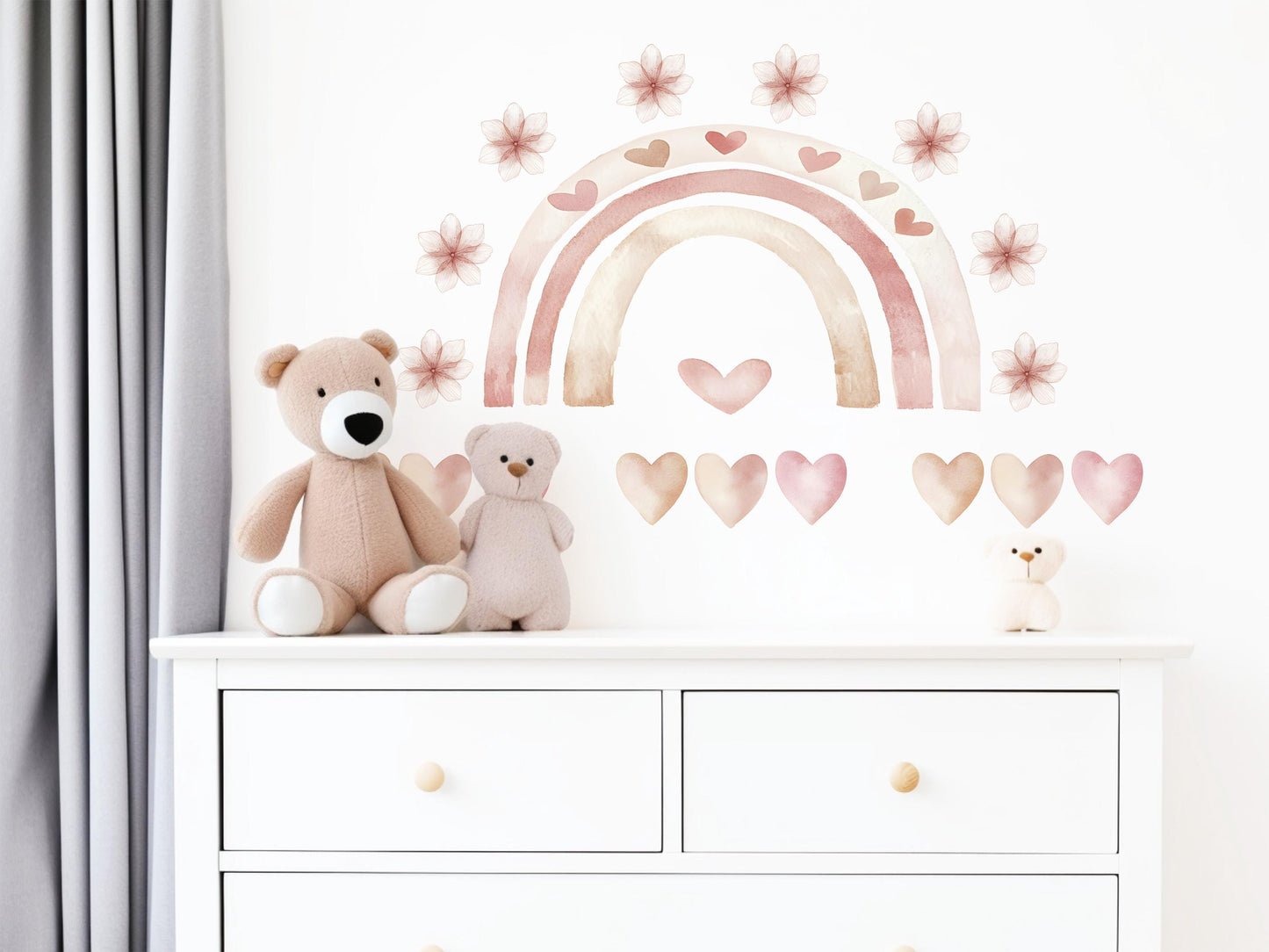 Boho Rainbow Wall Stickers, Girls Nursery Decor, Blush Pink Heart Flower Wall Decals, Neutral Kids Room Baby Nursery Peel and Stick Art