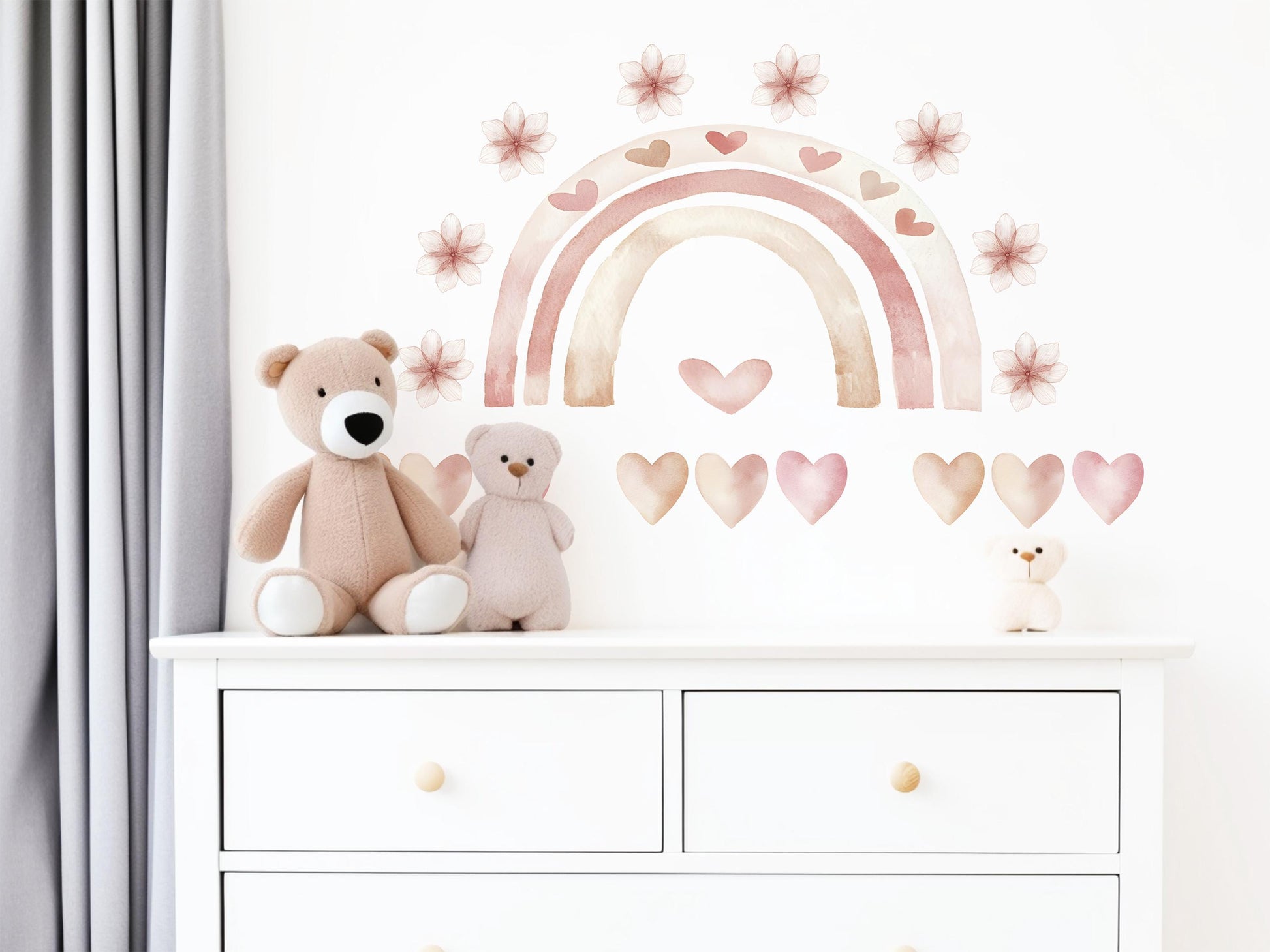 Boho Rainbow Wall Stickers, Girls Nursery Decor, Blush Pink Heart Flower Wall Decals, Neutral Kids Room Baby Nursery Peel and Stick Art
