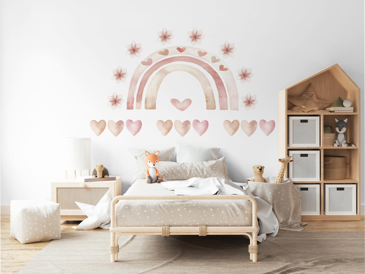 Boho Rainbow Wall Stickers, Girls Nursery Decor, Blush Pink Heart Flower Wall Decals, Neutral Kids Room Baby Nursery Peel and Stick Art