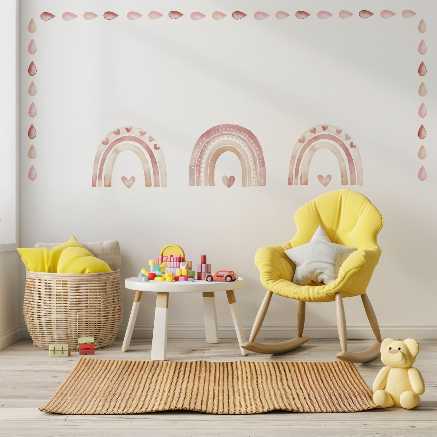 Boho Rainbow Wall Stickers, Neutral Nursery Decor, Blush Pink Rainbow Heart Raindrop Wall Decals, Kids Room Baby Nursery Peel and Stick Art