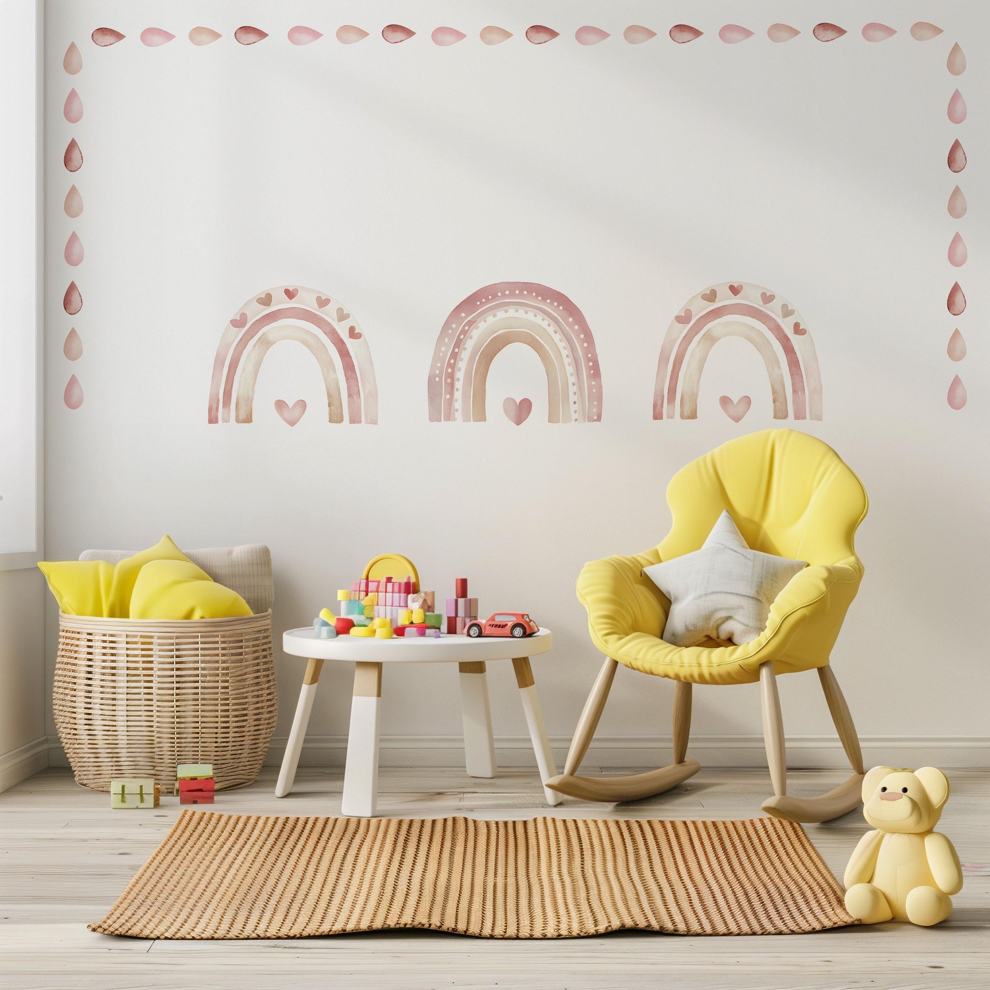 Boho Rainbow Wall Stickers, Neutral Nursery Decor, Blush Pink Rainbow Heart Raindrop Wall Decals, Kids Room Baby Nursery Peel and Stick Art