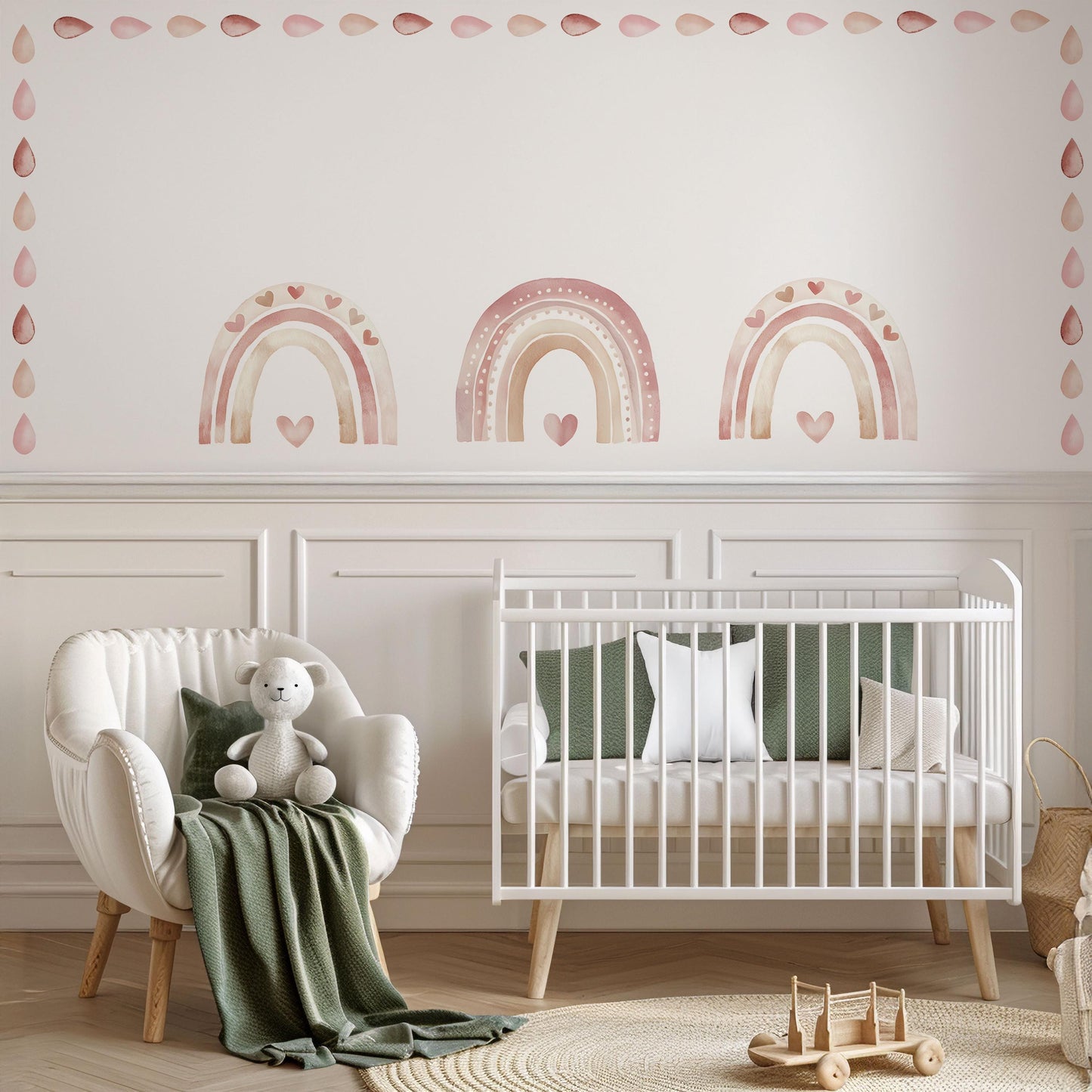 Boho Rainbow Wall Stickers, Neutral Nursery Decor, Blush Pink Rainbow Heart Raindrop Wall Decals, Kids Room Baby Nursery Peel and Stick Art