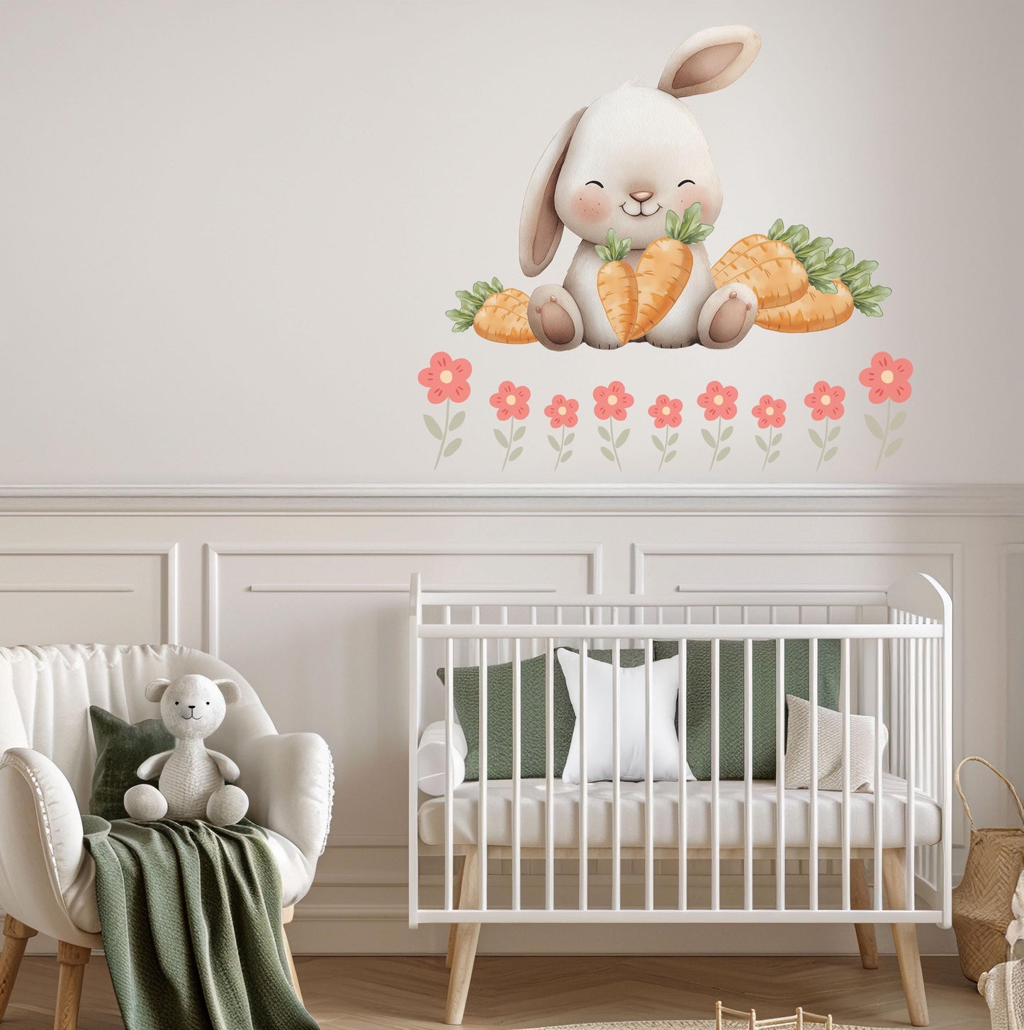 Bunny Wall Stickers, Bunny Nursery Decor, Spring Flower Easter Carrot Wall Decals, Girls Kids Room Baby Nursery Peel and Stick Wall Art