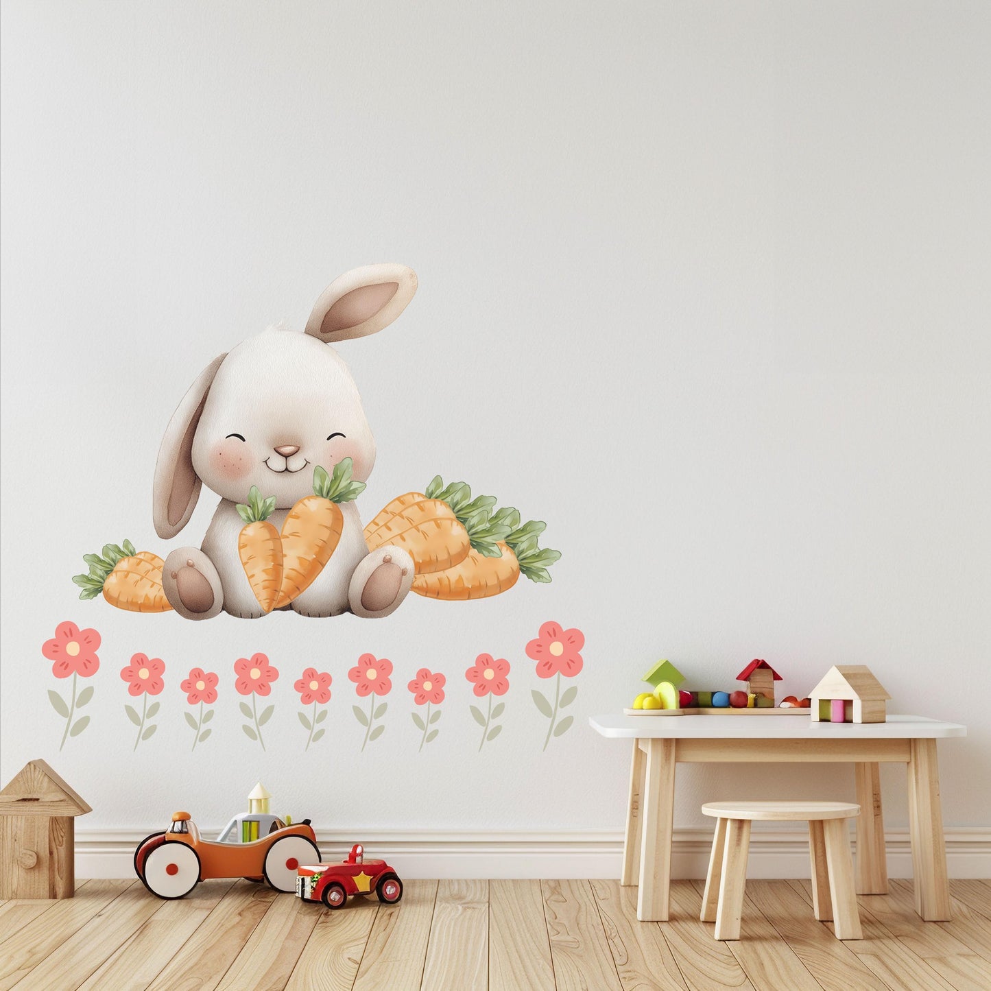 Bunny Wall Stickers, Bunny Nursery Decor, Spring Flower Easter Carrot Wall Decals, Girls Kids Room Baby Nursery Peel and Stick Wall Art