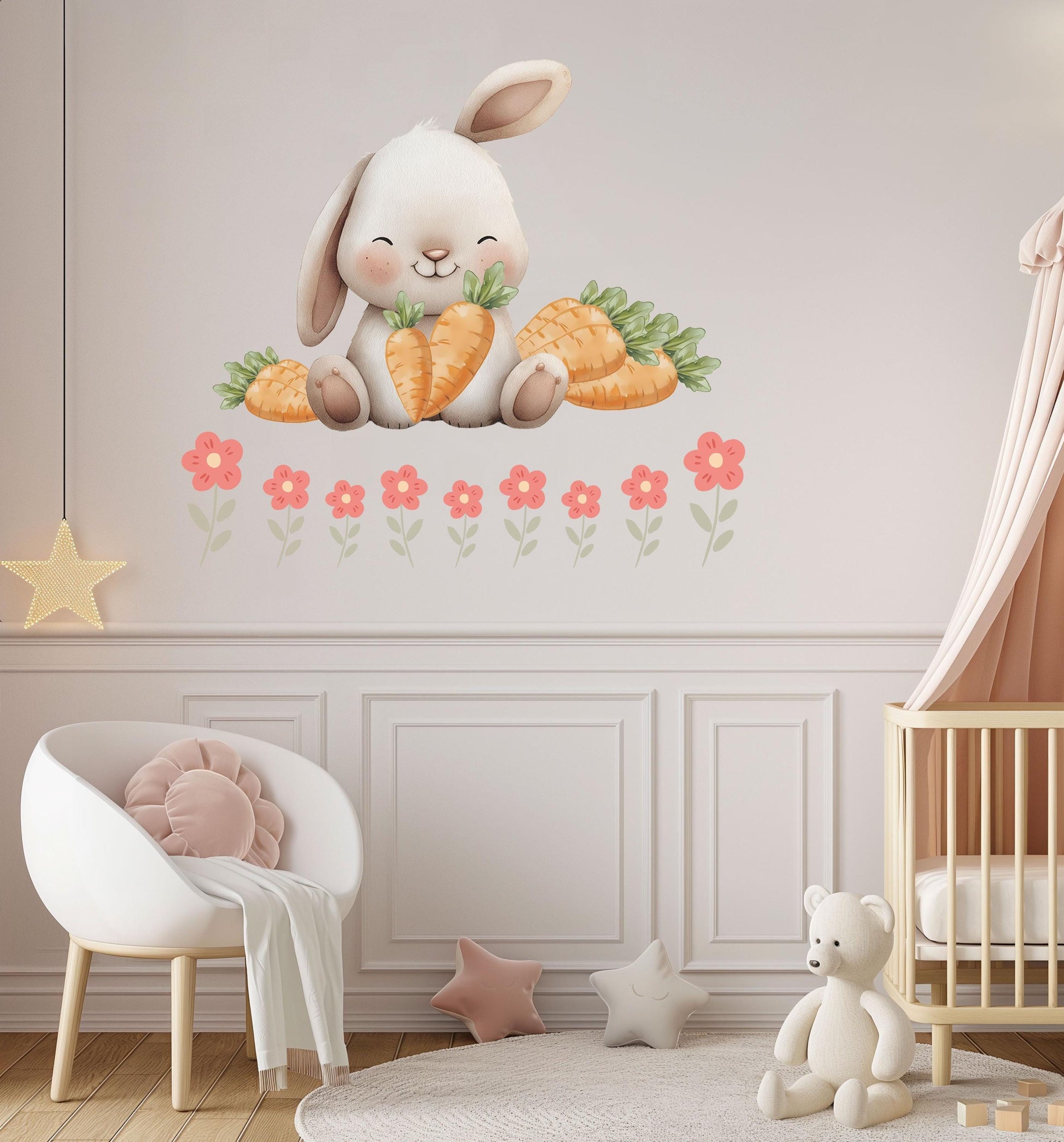 Bunny Wall Stickers, Bunny Nursery Decor, Spring Flower Easter Carrot Wall Decals, Girls Kids Room Baby Nursery Peel and Stick Wall Art