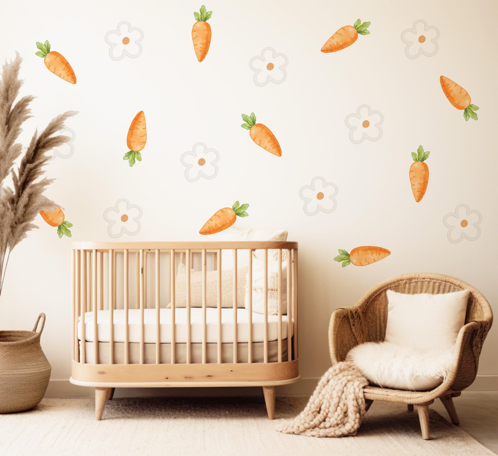 Carrot Wall Stickers, Spring Easter Nursery Decor, Neutral Daisy Flower Wall Decals, Kids Room Baby Nursery Peel and Stick Wall Art