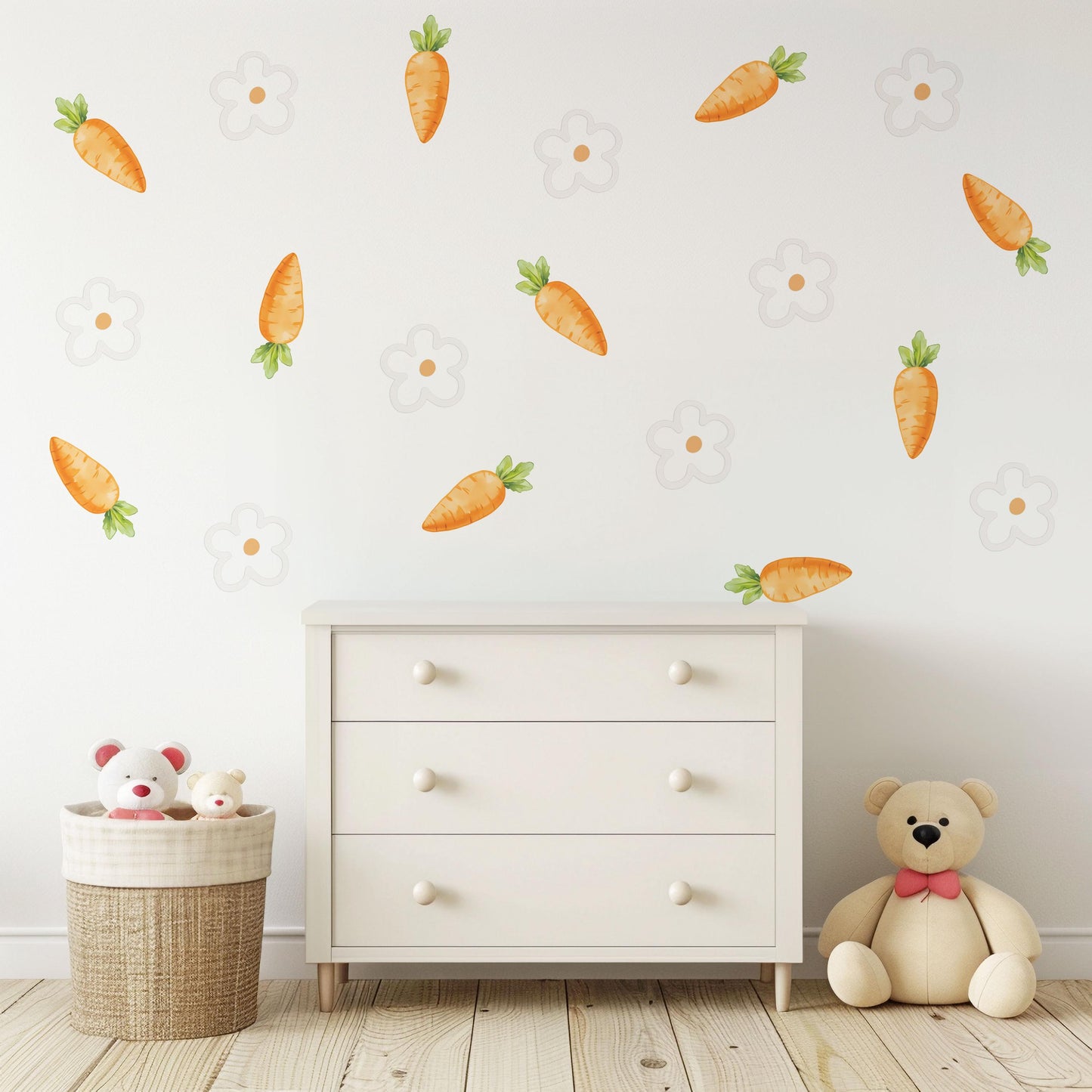 Carrot Wall Stickers, Spring Easter Nursery Decor, Neutral Daisy Flower Wall Decals, Kids Room Baby Nursery Peel and Stick Wall Art
