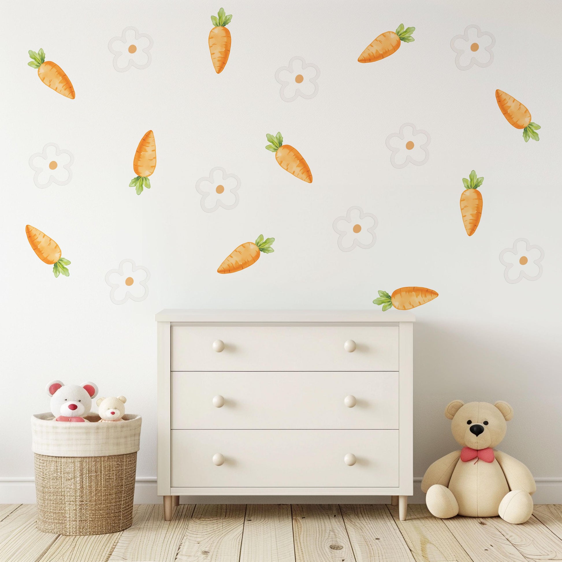 Carrot Wall Stickers, Spring Easter Nursery Decor, Neutral Daisy Flower Wall Decals, Kids Room Baby Nursery Peel and Stick Wall Art