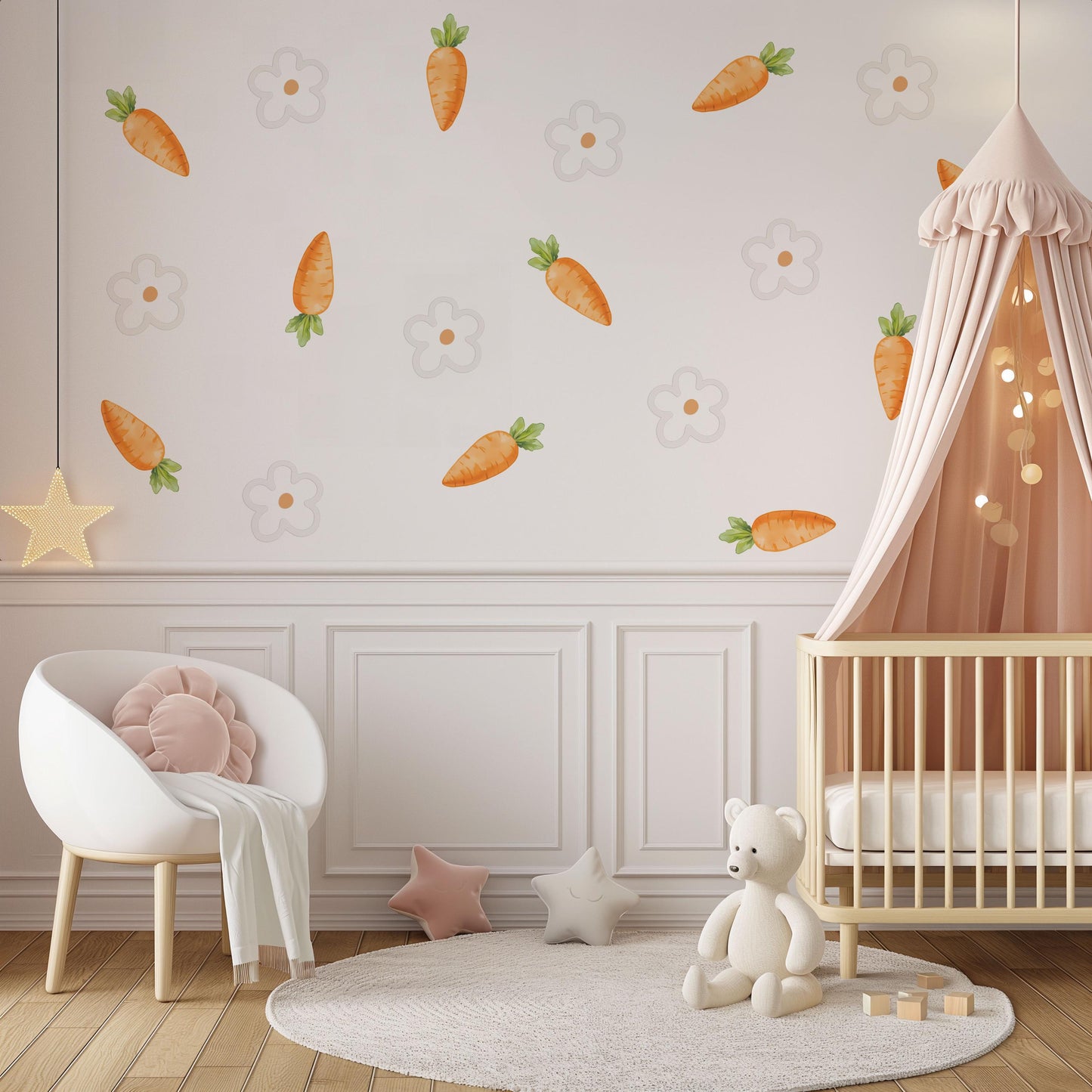 Carrot Wall Stickers, Spring Easter Nursery Decor, Neutral Daisy Flower Wall Decals, Kids Room Baby Nursery Peel and Stick Wall Art