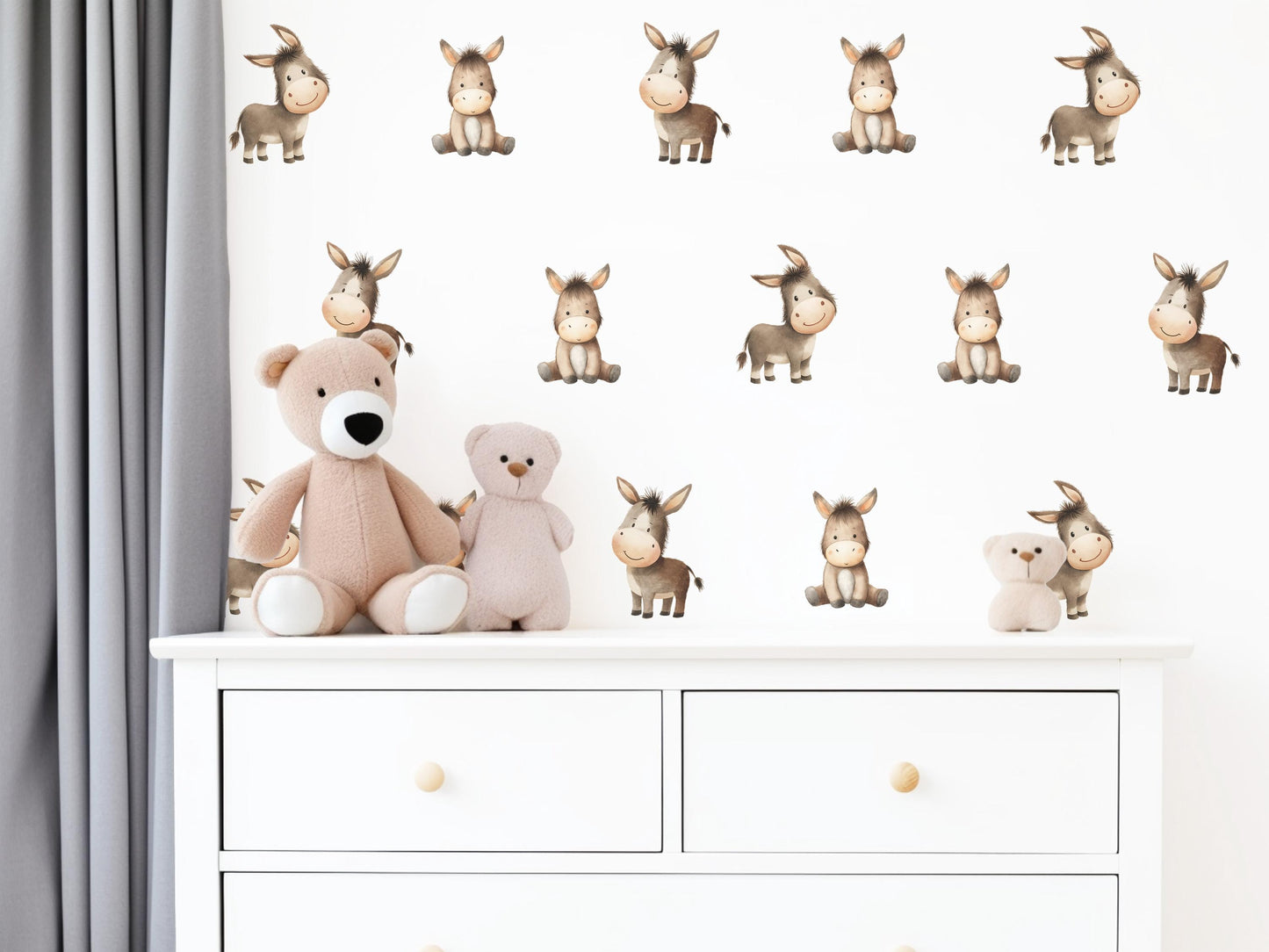 Donkey Wall Stickers, Farm Nursery Decor, Neutral Baby Donkey Animal Wall Decals, Gender Neutral Boho Kids Room Peel and Stick Wall Art