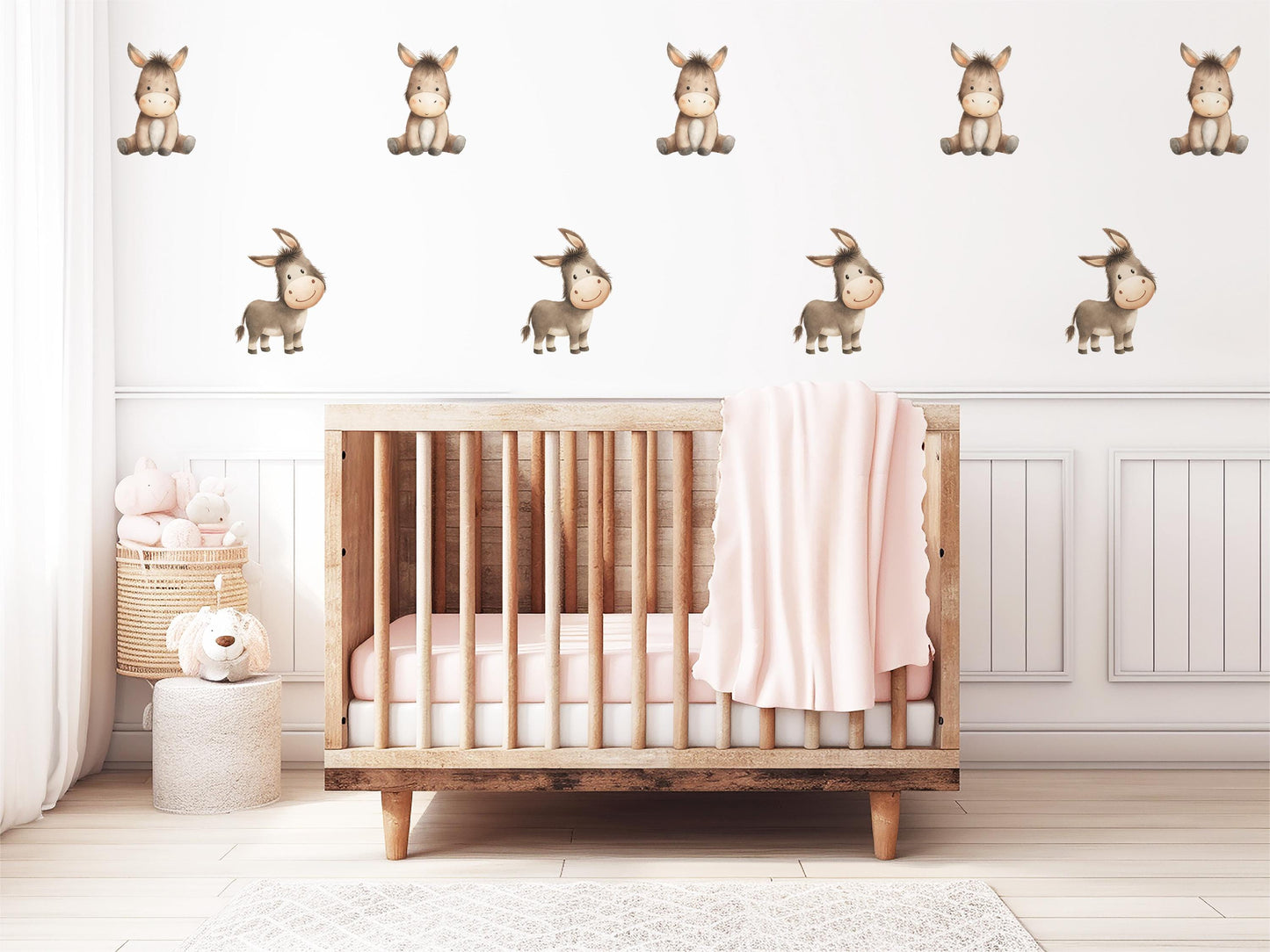Donkey Wall Stickers, Farm Nursery Decor, Neutral Baby Donkey Animal Wall Decals, Gender Neutral Boho Kids Room Peel and Stick Wall Art