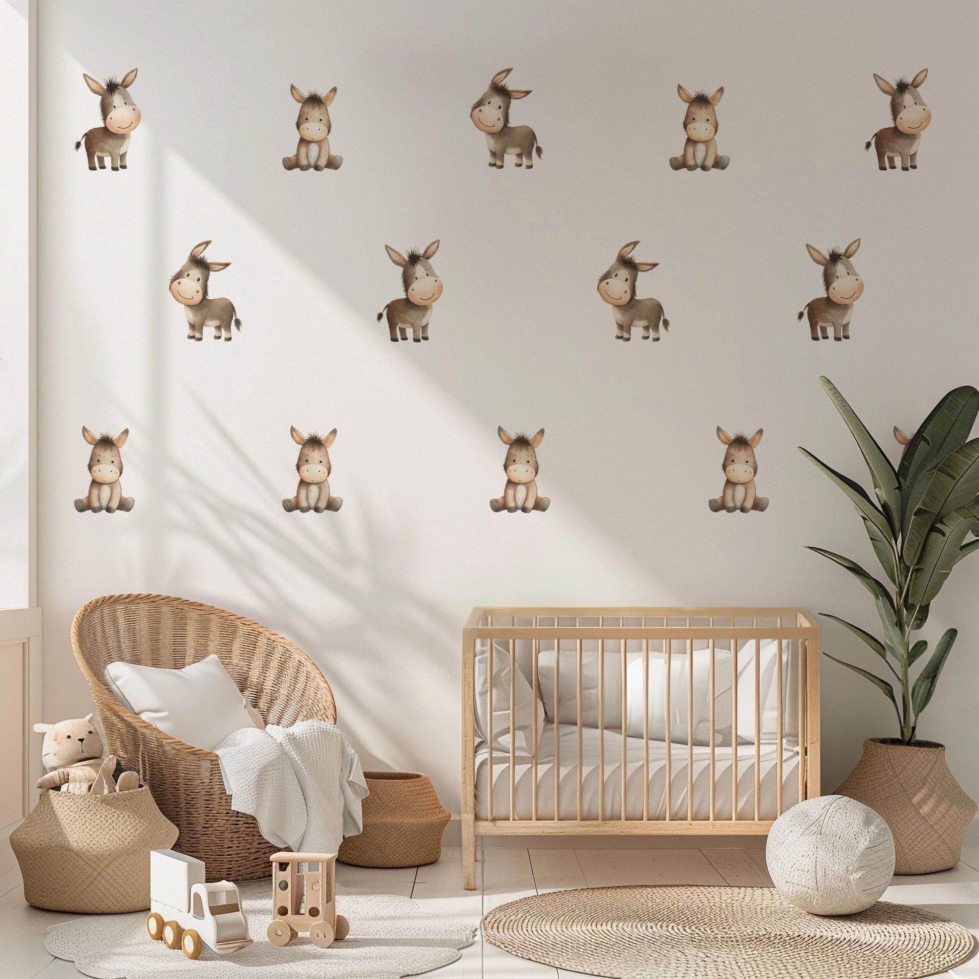 Donkey Wall Stickers, Farm Nursery Decor, Neutral Baby Donkey Animal Wall Decals, Gender Neutral Boho Kids Room Peel and Stick Wall Art