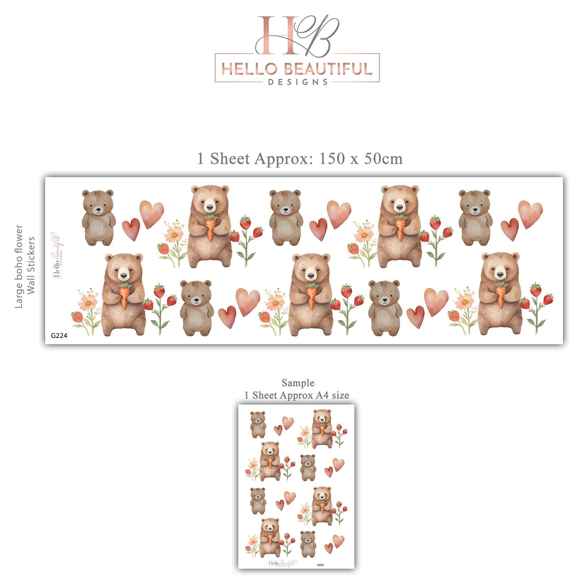 Bear Wall Stickers, Woodland Nursery Decor, Neutral Teddy Bear Strawberry Heart Wall Decals, Kids Room Baby Nursery Peel and Stick Art